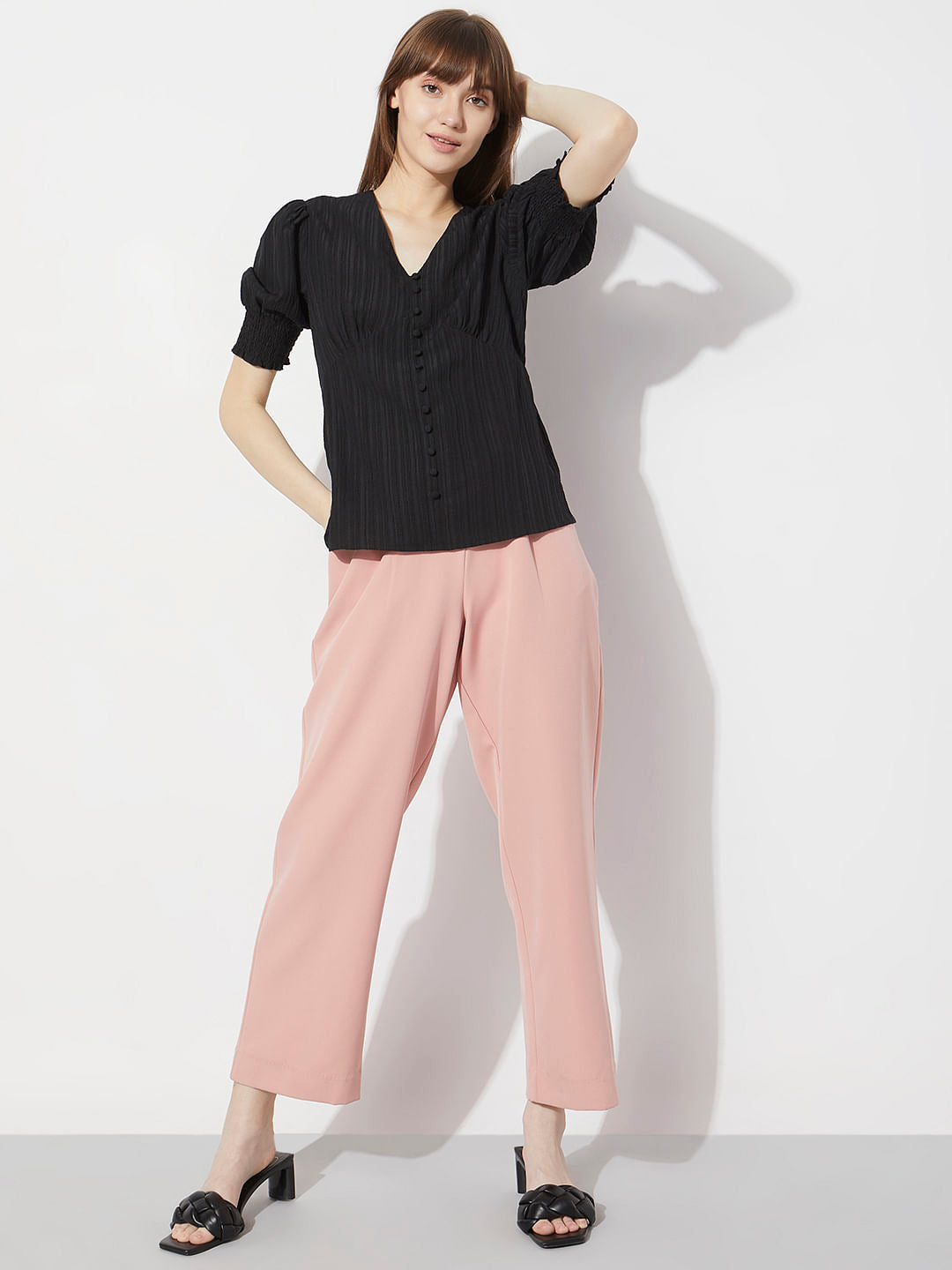 Black V-Neck Striped Top