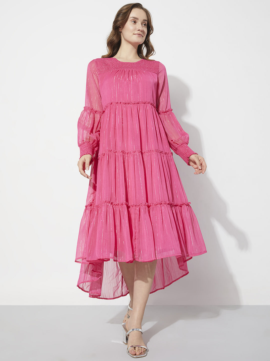 Pink Lurex Striped Midi Dress