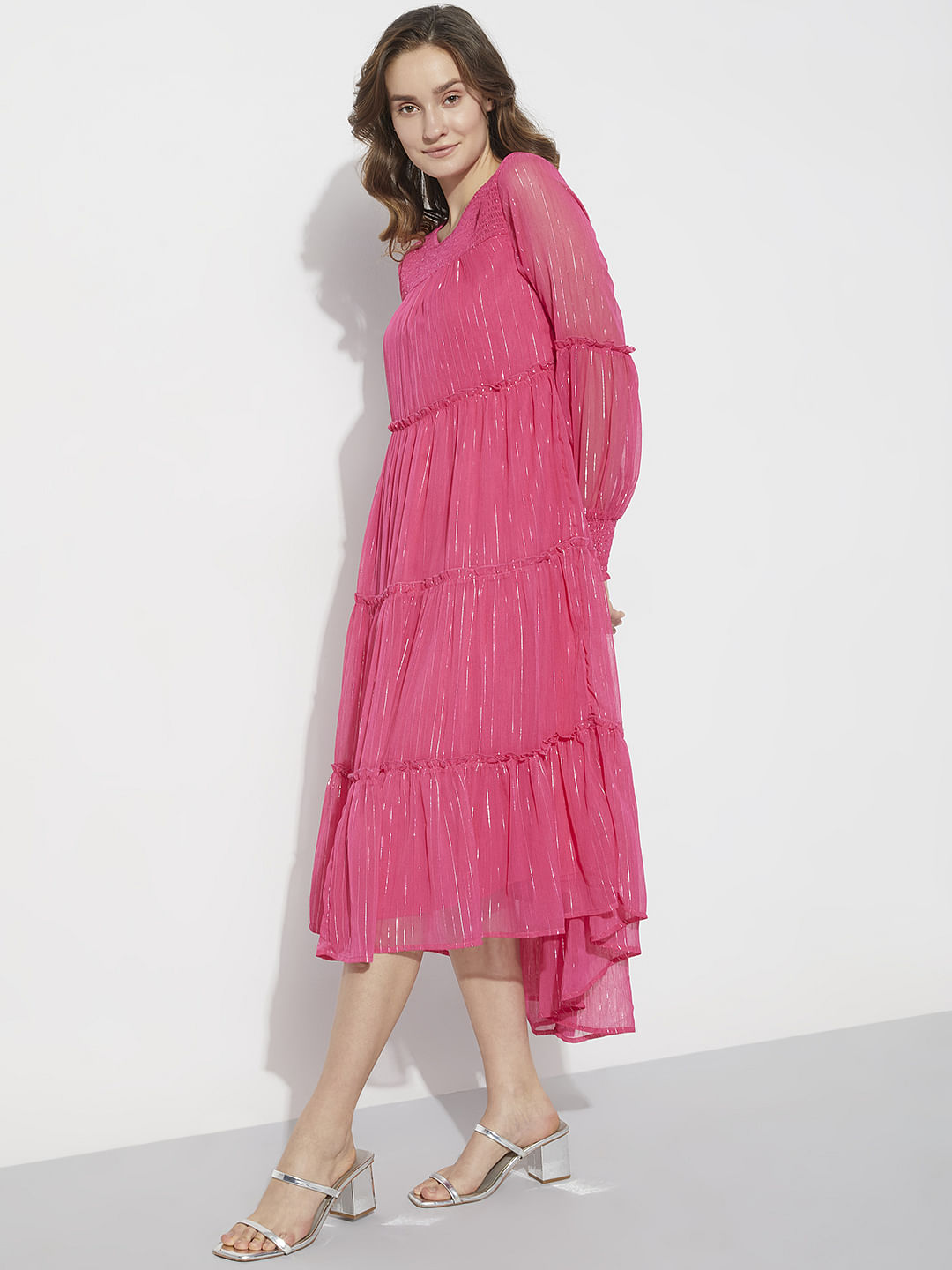 Pink Lurex Striped Midi Dress