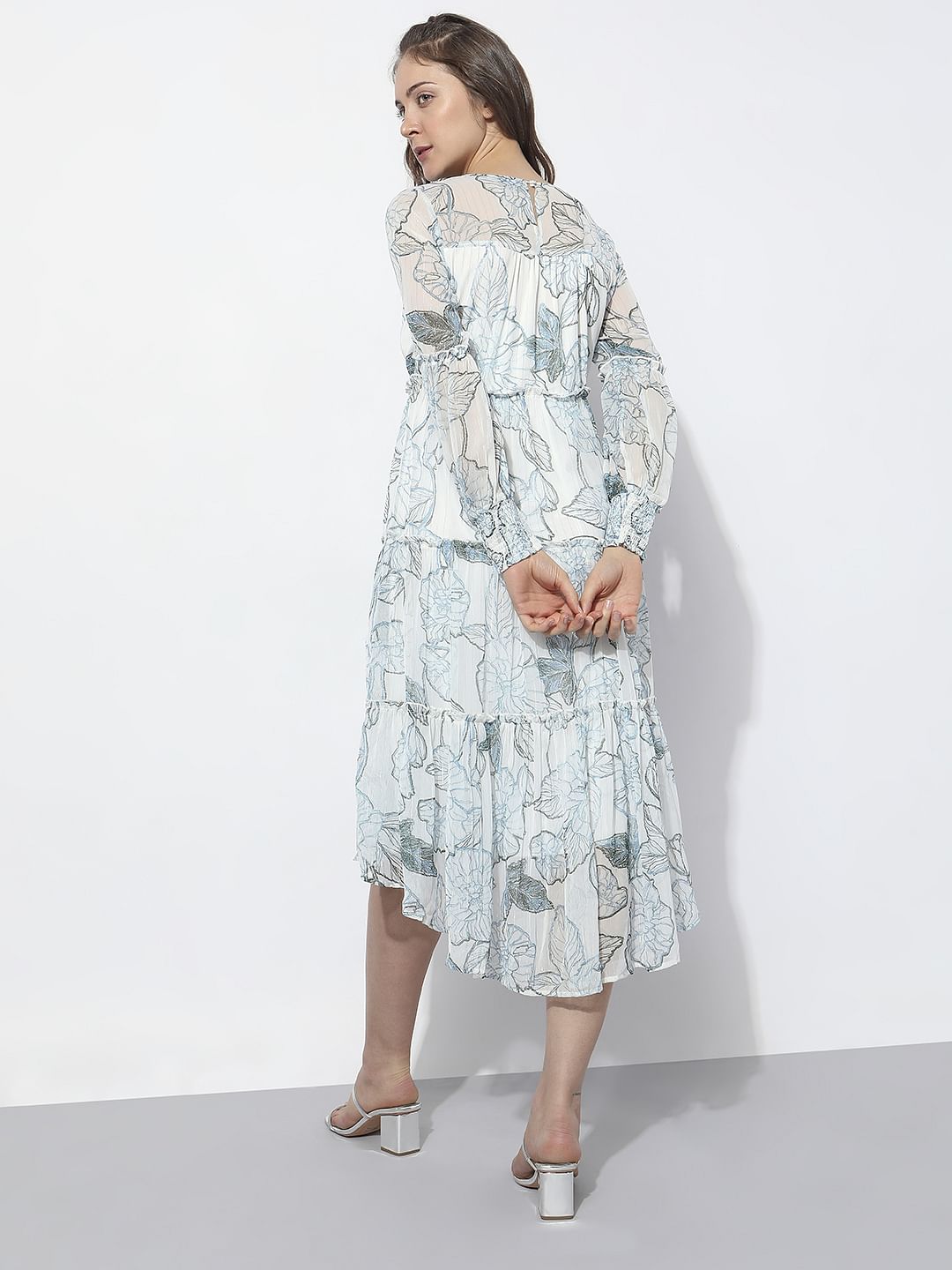 White Floral Print Midi Dress