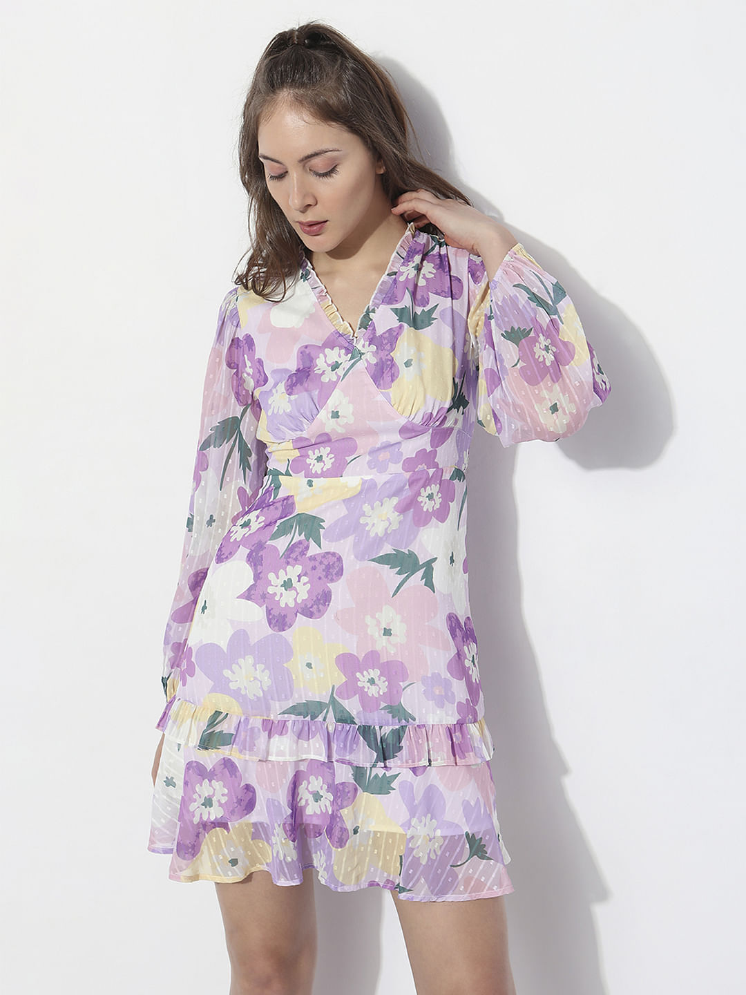 Purple Floral Print Mini Dress