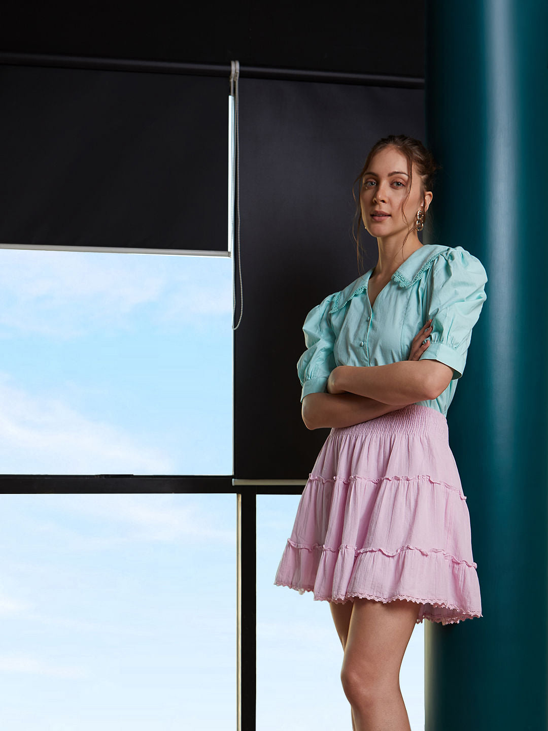 Sea Blue Puff Sleeves Top