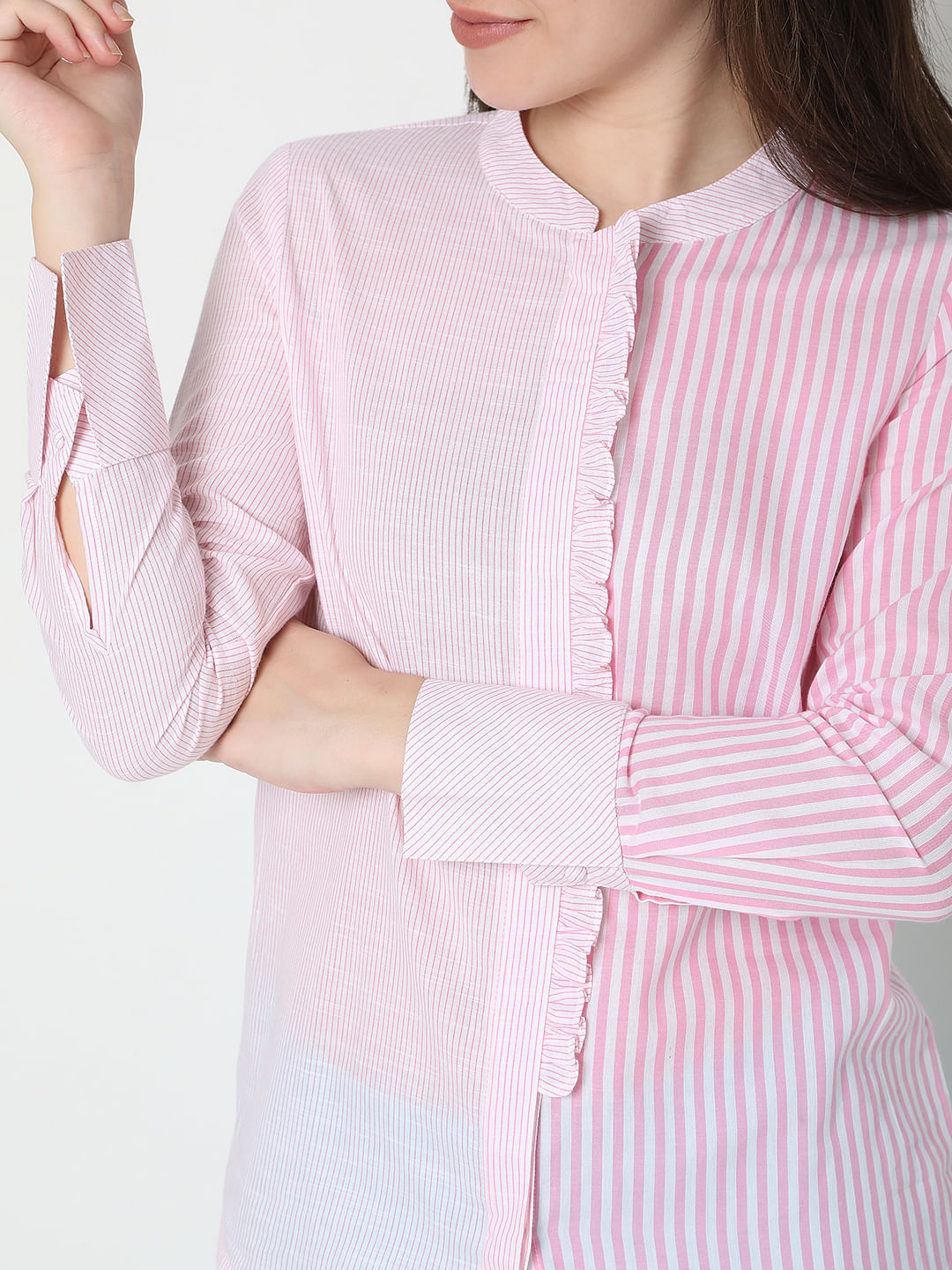 Pink Striped Mandarin Collar Shirt