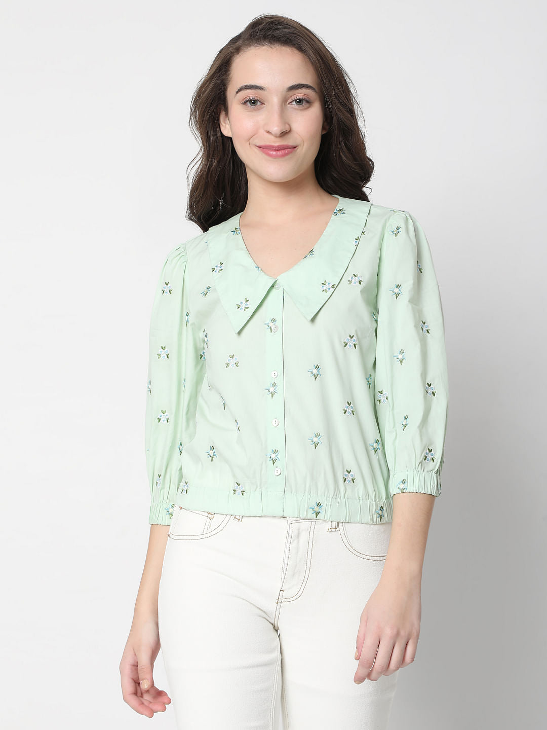 Green Floral Embroidered Top
