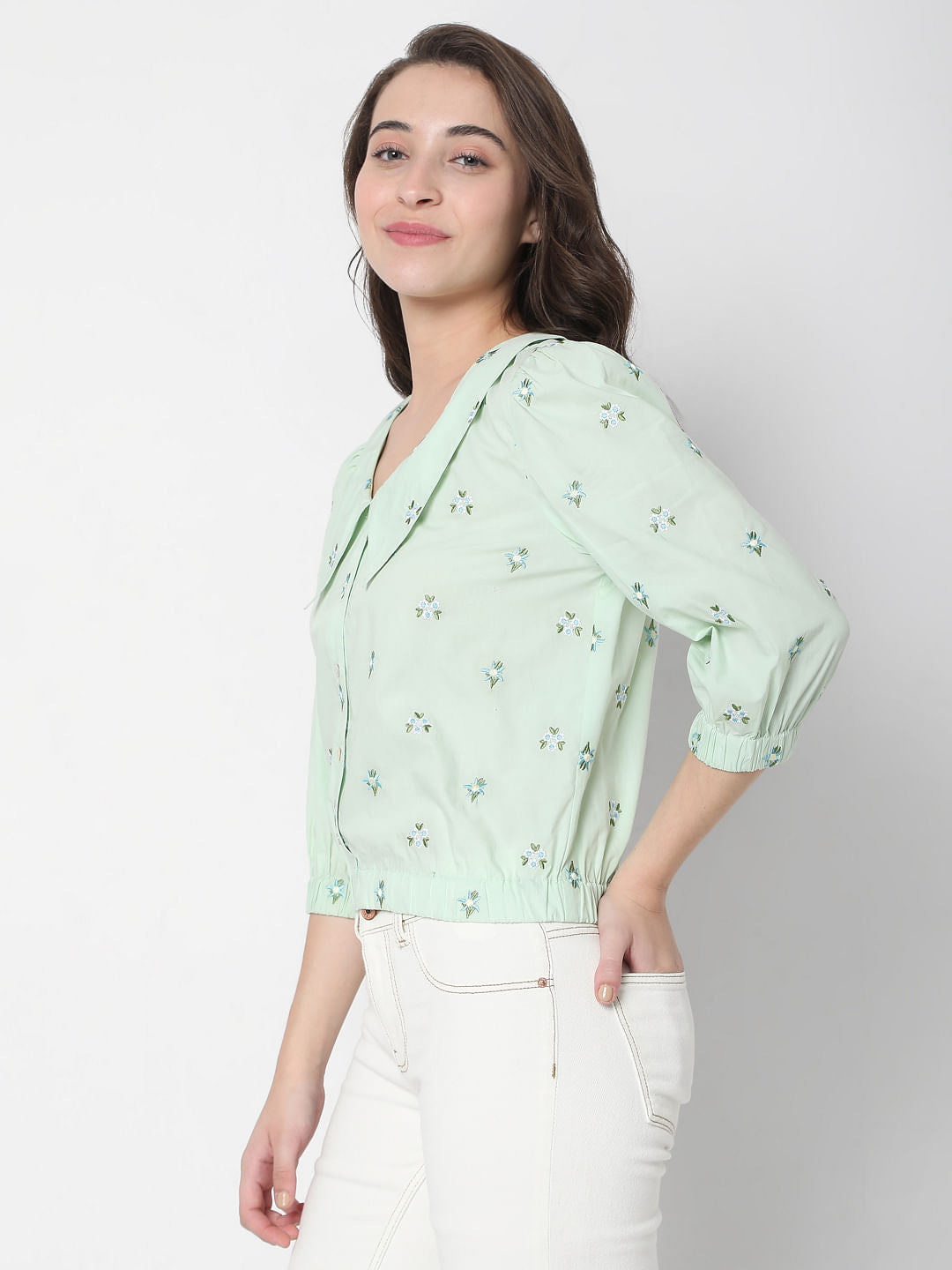 Green Floral Embroidered Top
