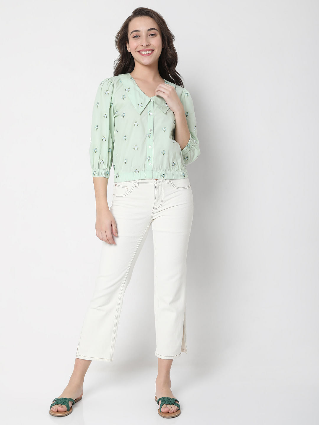 Green Floral Embroidered Top