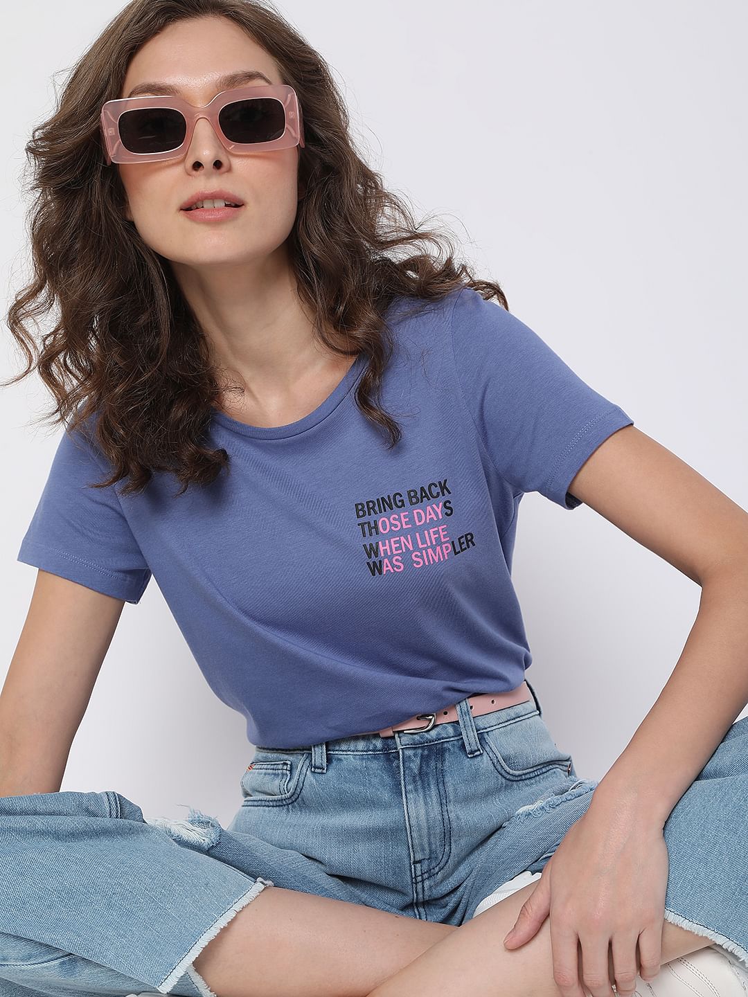 Blue Slogan Print T-Shirt