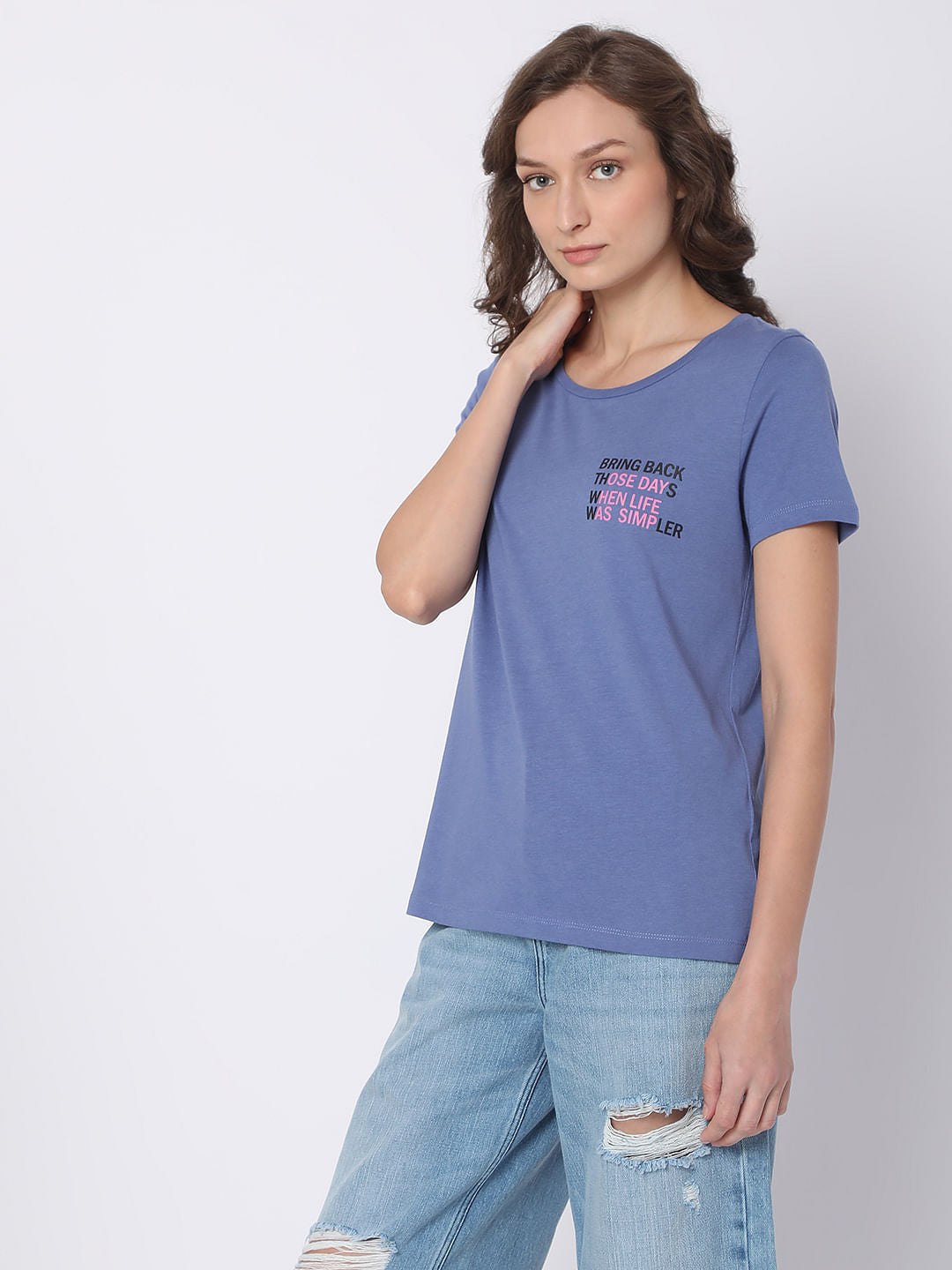 Blue Slogan Print T-Shirt