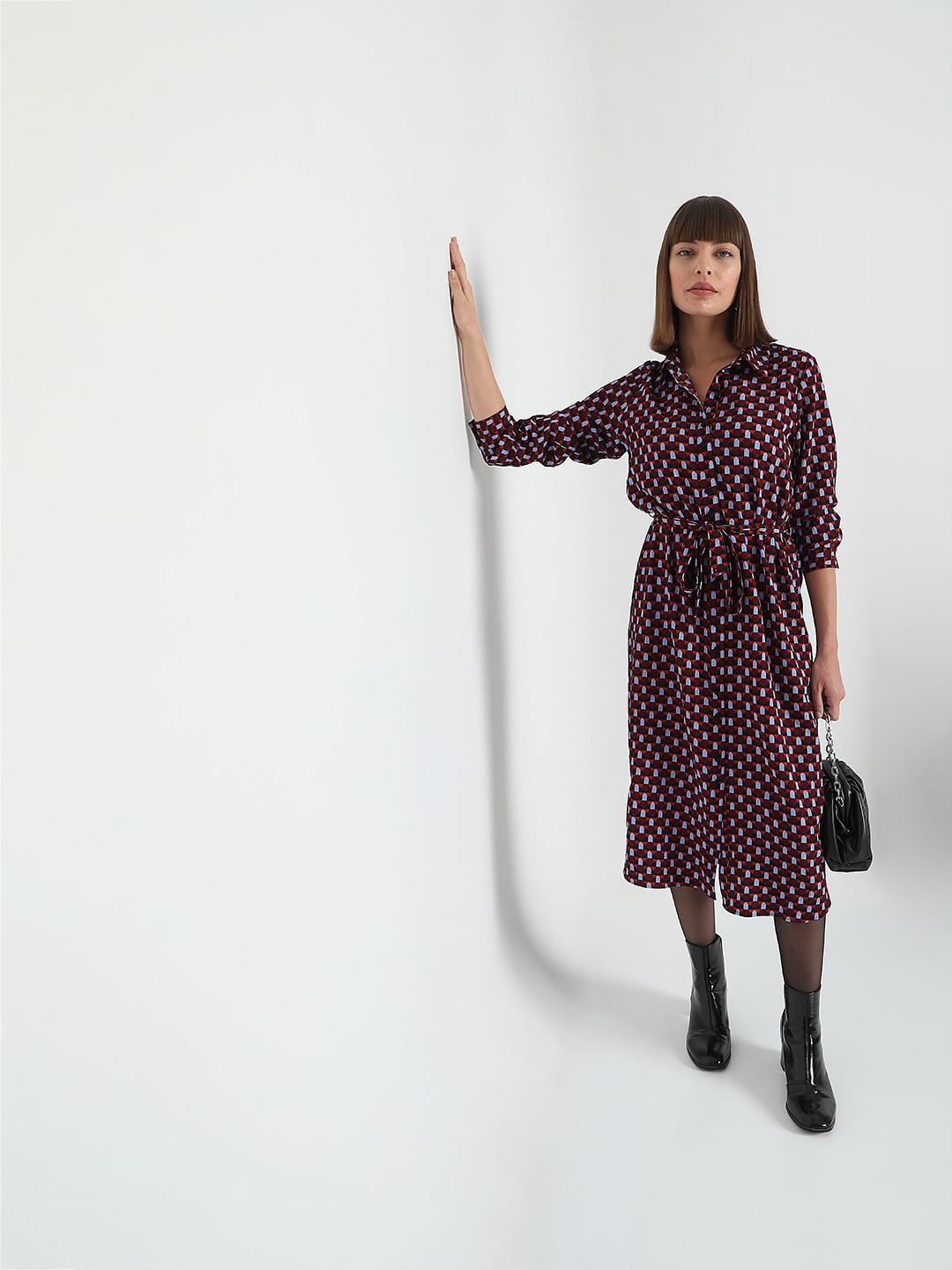 Burgundy All Over Print Midi Dress