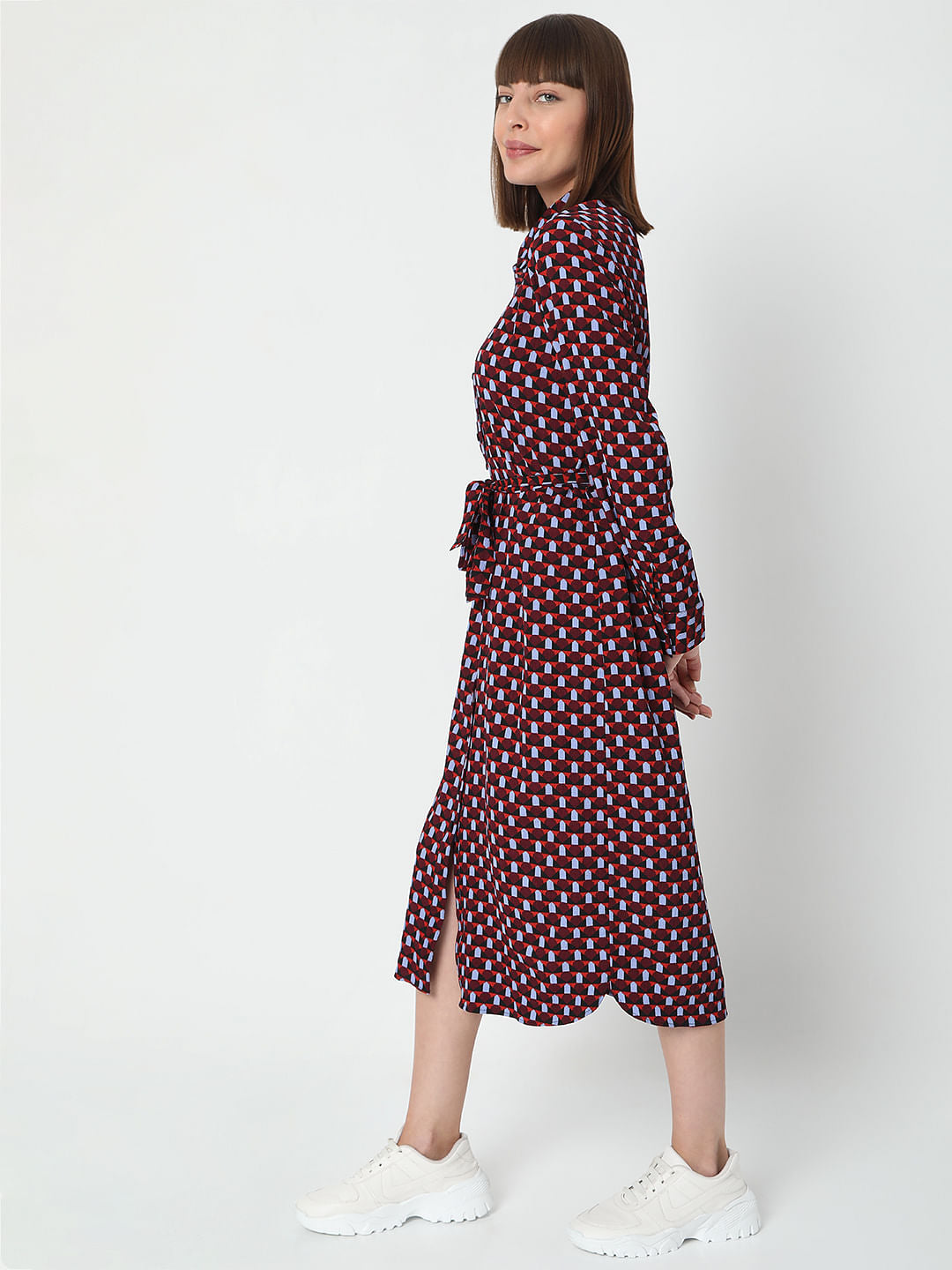 Burgundy All Over Print Midi Dress