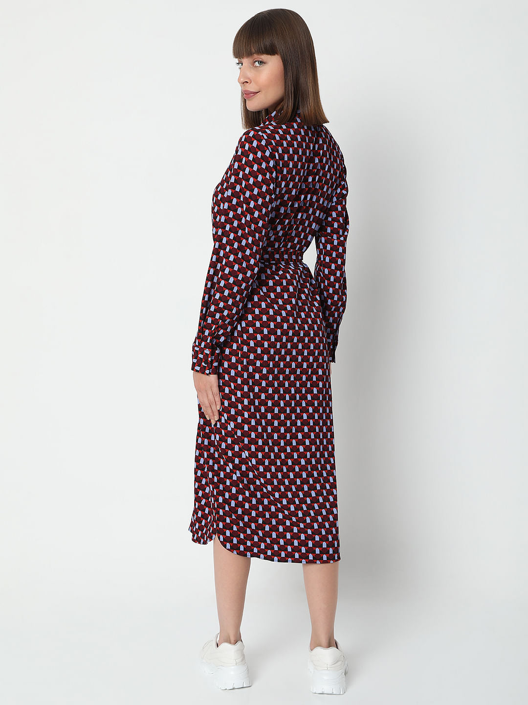 Burgundy All Over Print Midi Dress