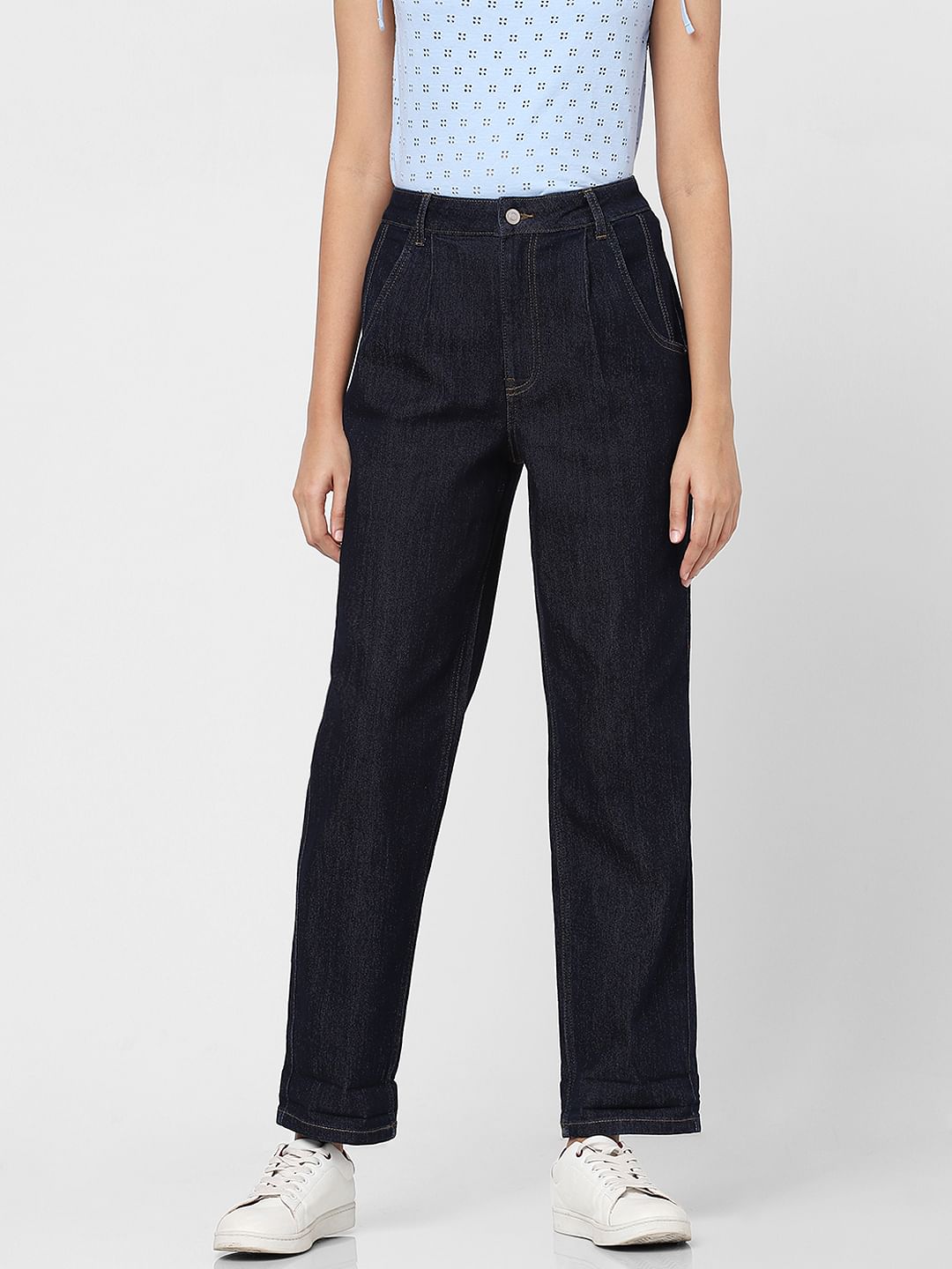 Blue High Rise Pleated Jade Straight Fit Jeans