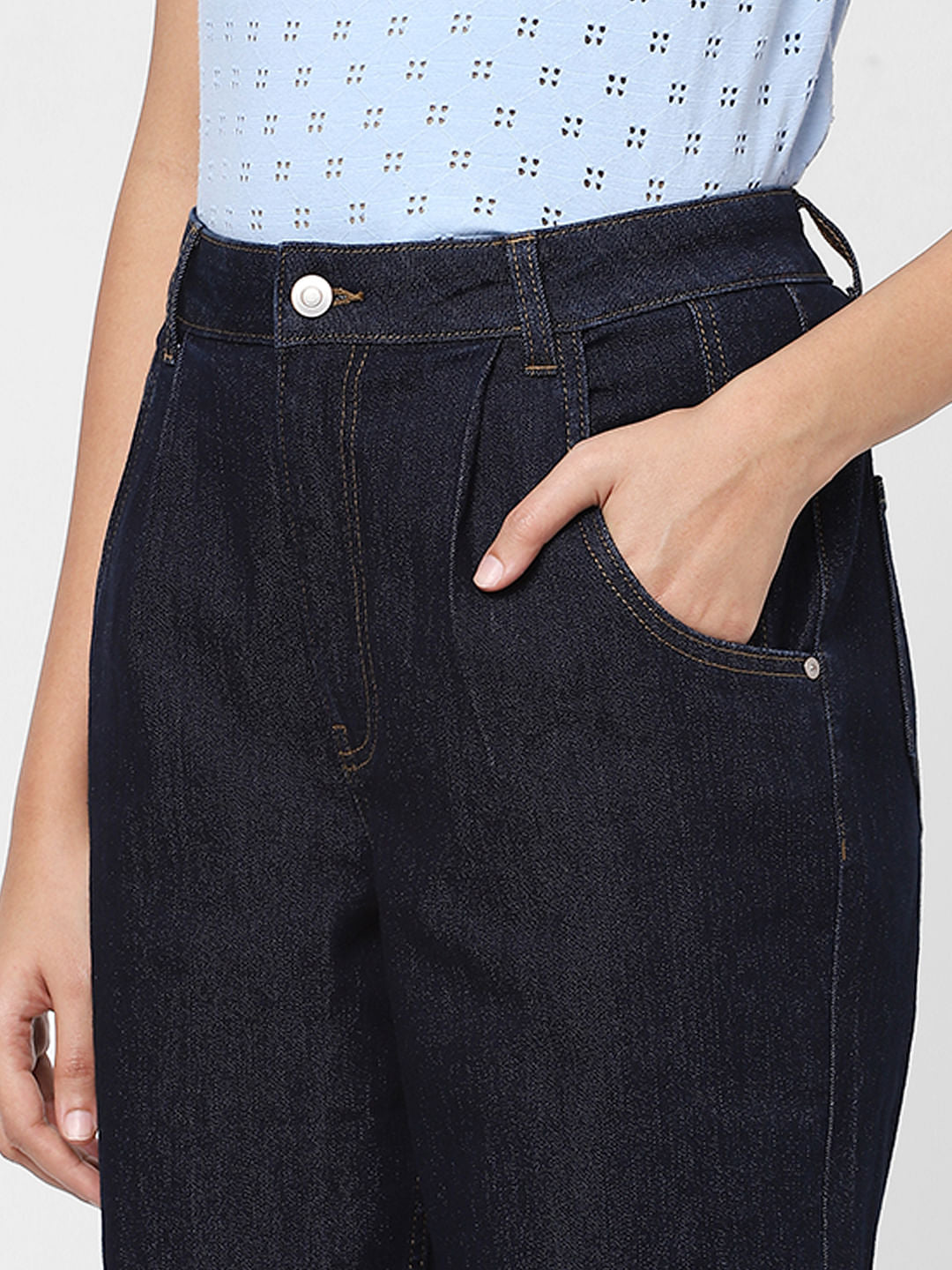 Blue High Rise Pleated Jade Straight Fit Jeans