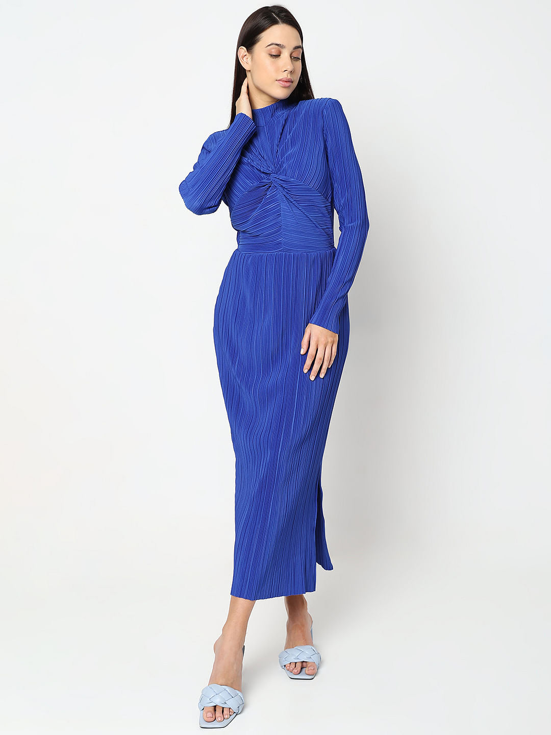 Blue Plisse High Neck Midi Dress