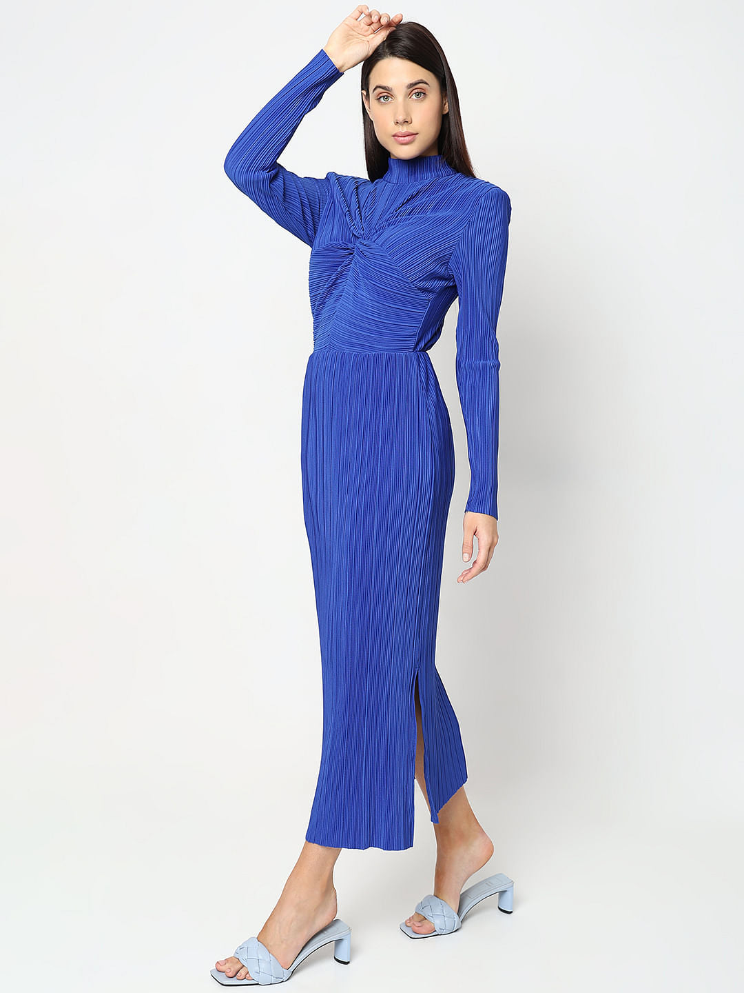 Blue Plisse High Neck Midi Dress
