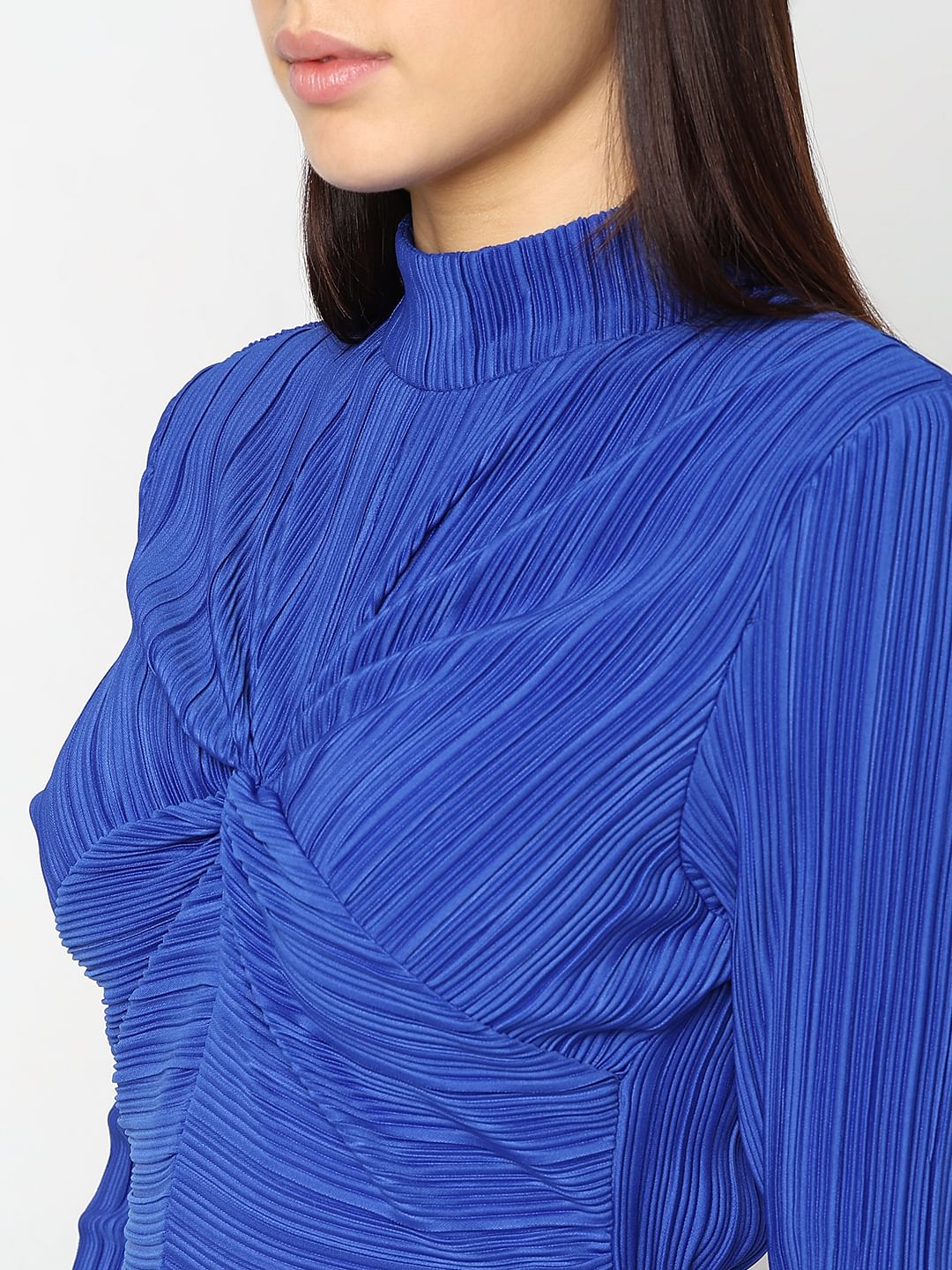 Blue Plisse High Neck Midi Dress