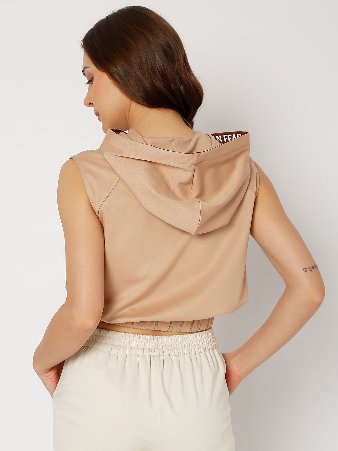 Brown Hooded Cropped T-Shirt
