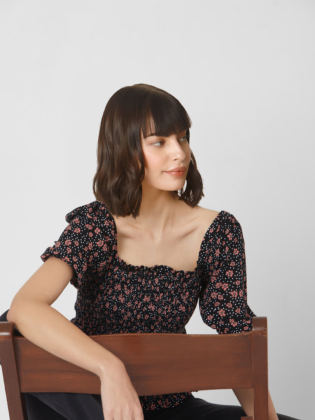 Black All Over Floral Print Smock Top