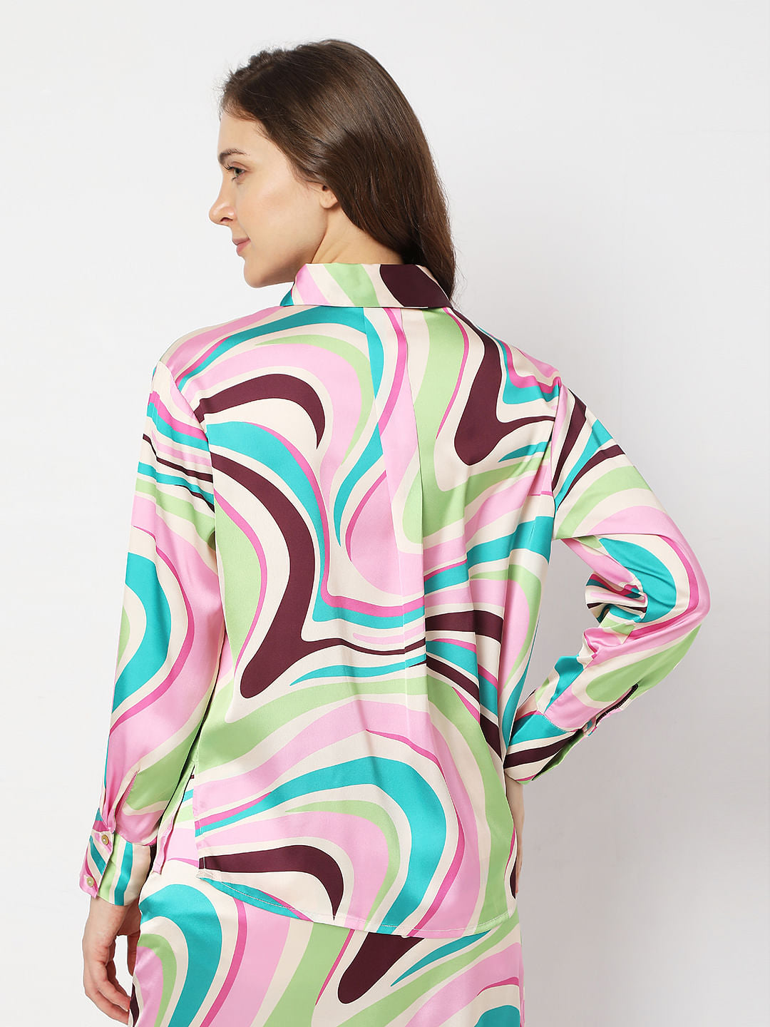 Beige Swirl Print Co-Ord Satin Shirt