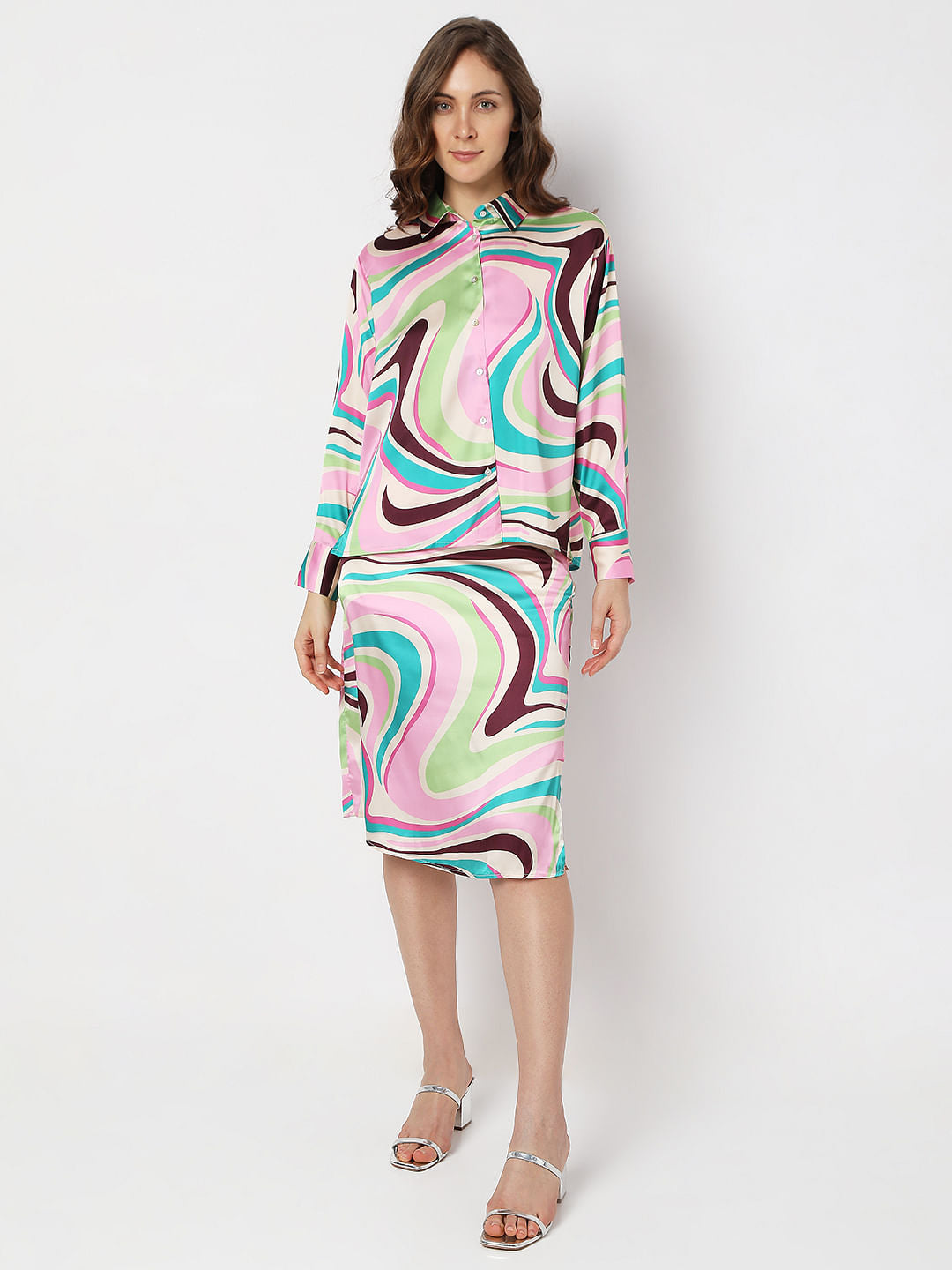 Beige Swirl Print Co-Ord Satin Shirt