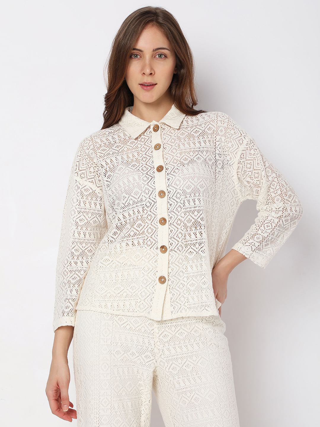 White Crochet Lace Co-Ord Set Shirt