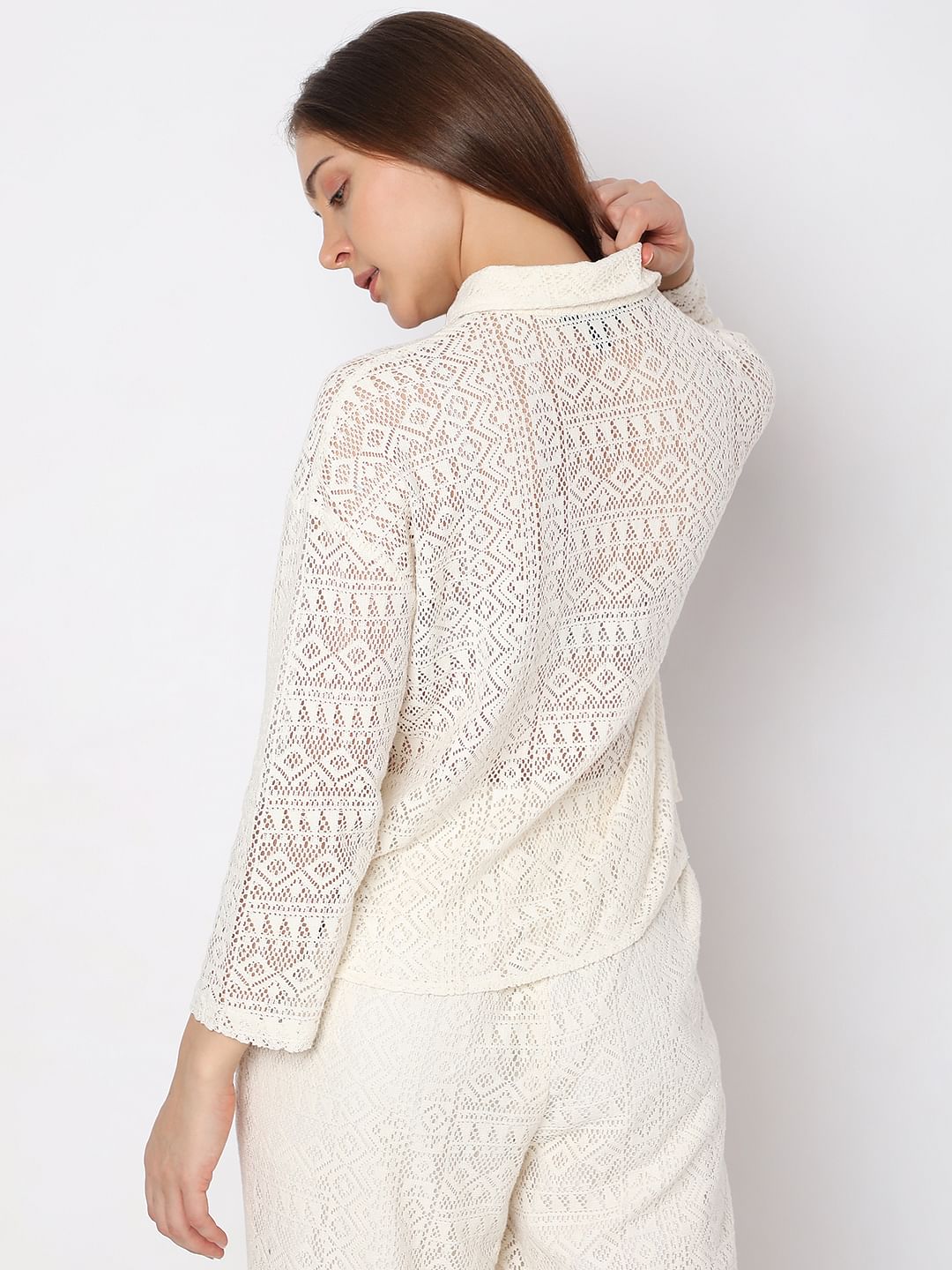 White Crochet Lace Co-Ord Set Shirt