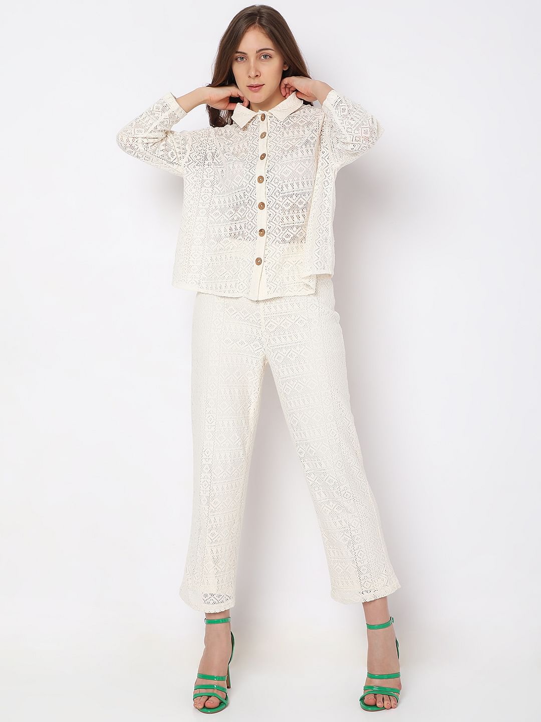 White Crochet Lace Co-Ord Set Shirt