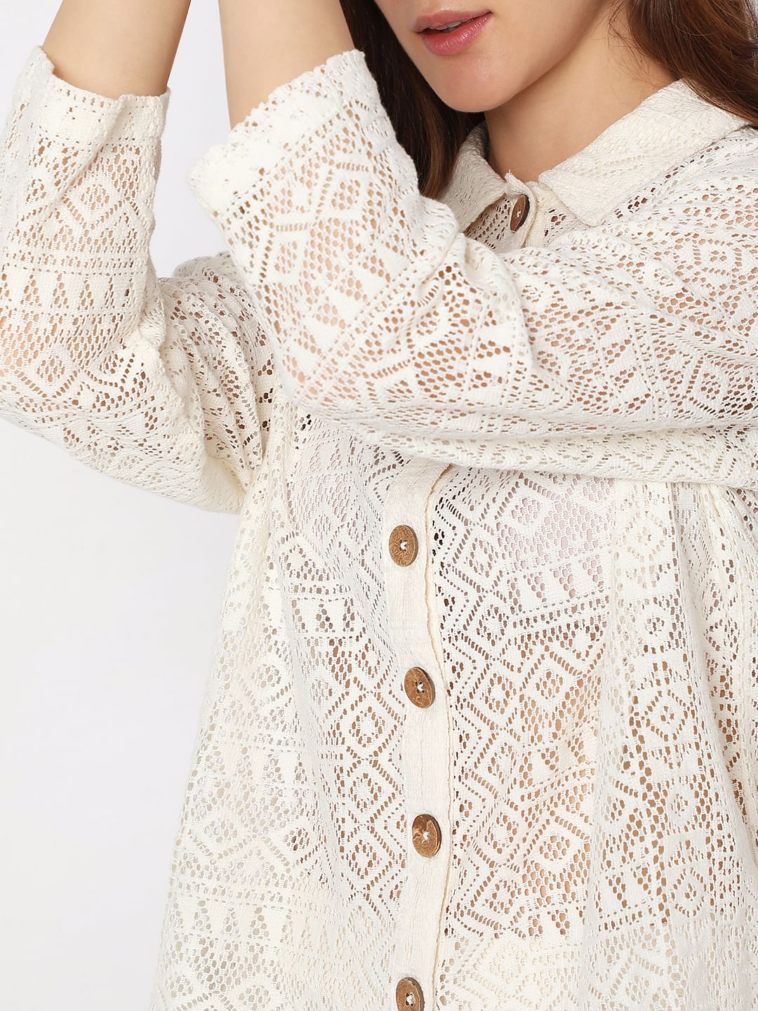 White Crochet Lace Co-Ord Set Shirt