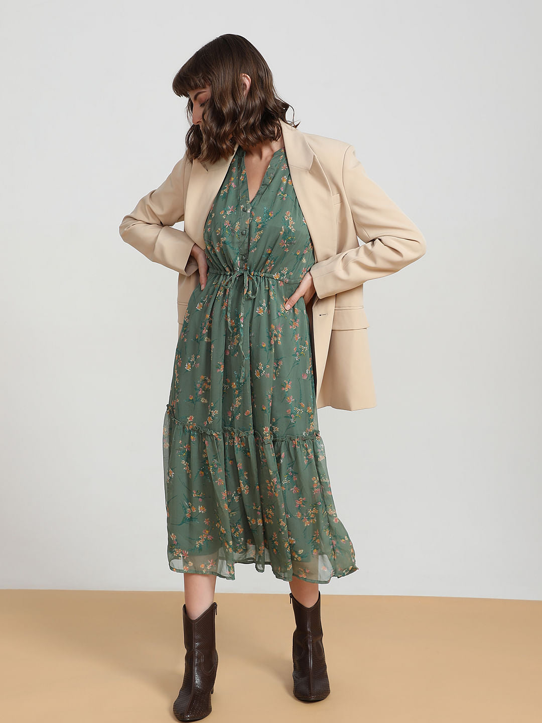 Dull Green Floral Print Midi Dress