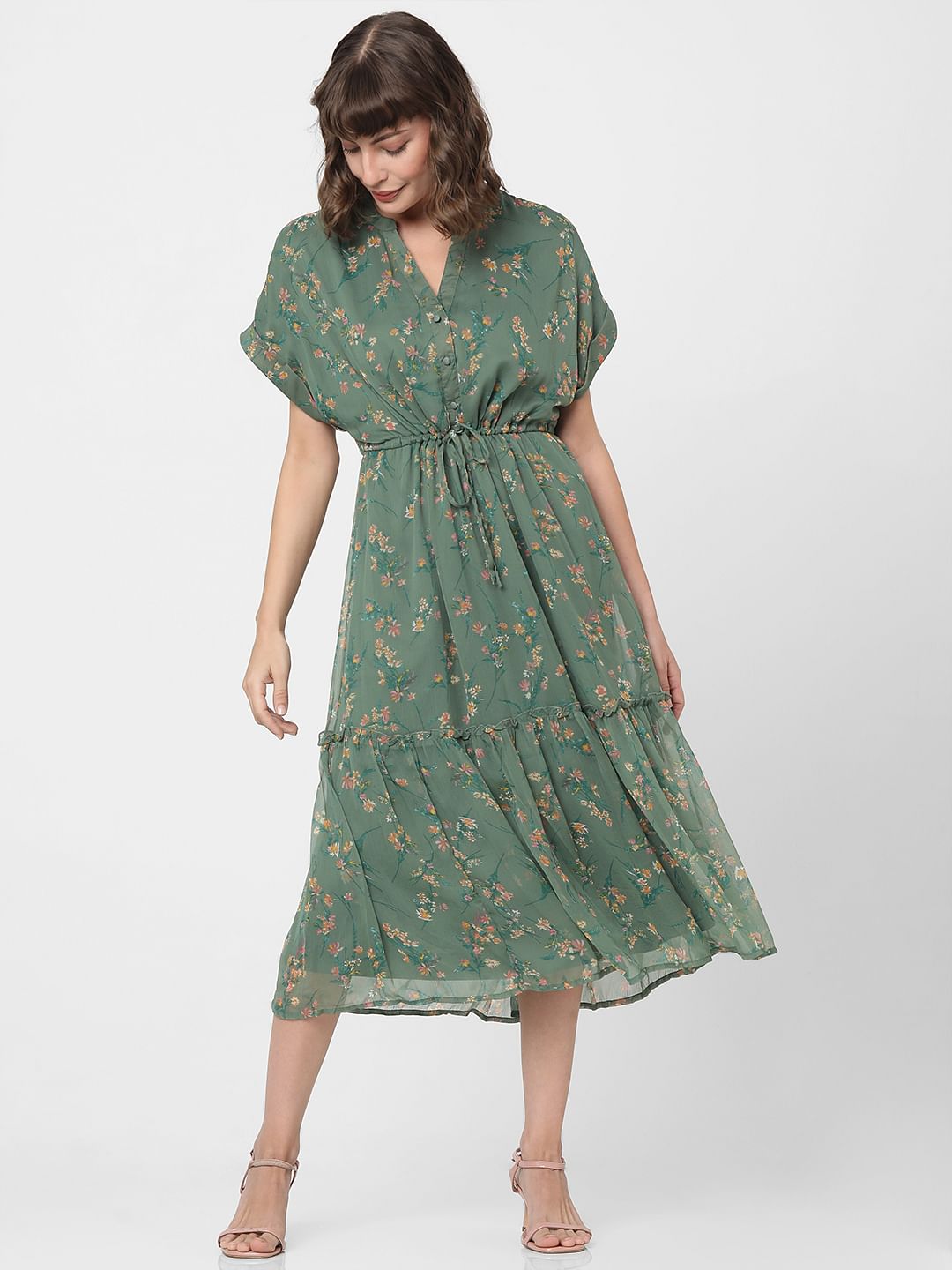 Dull Green Floral Print Midi Dress