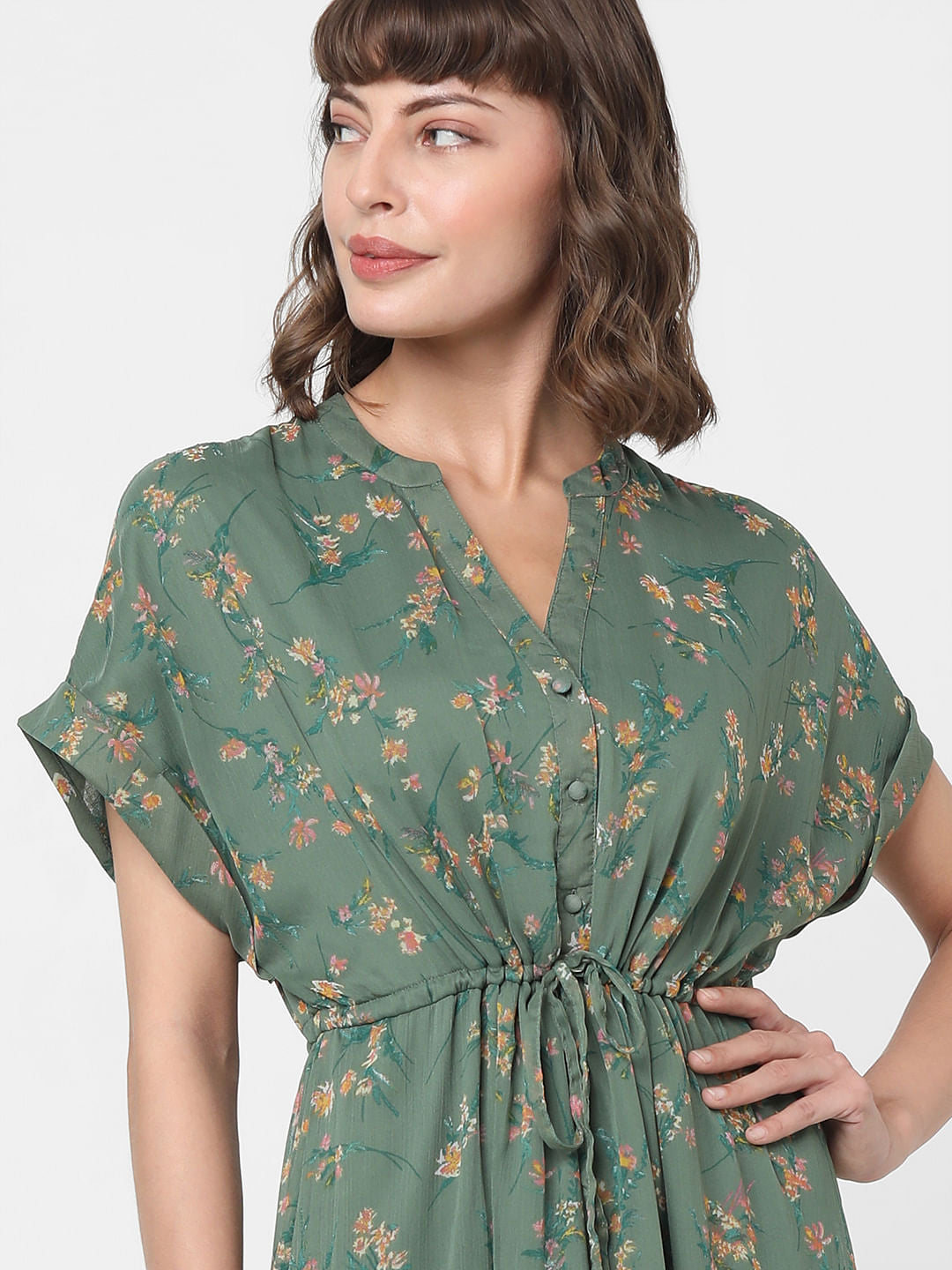 Dull Green Floral Print Midi Dress
