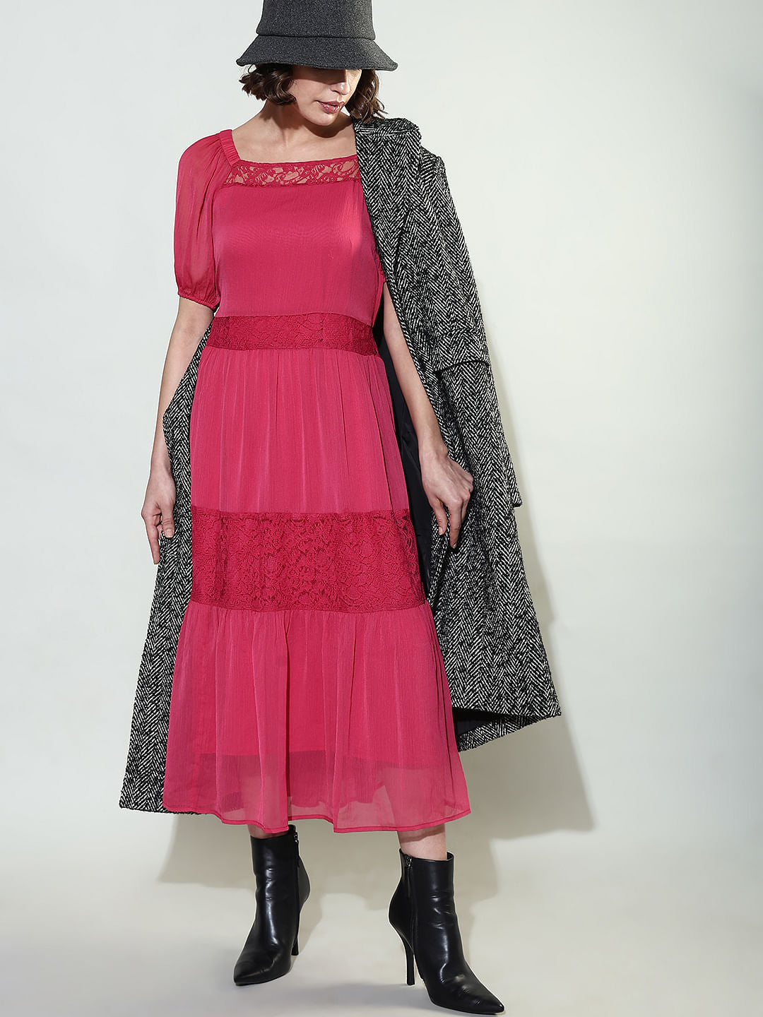 Pink Lace Insert Tiered Maxi Dress