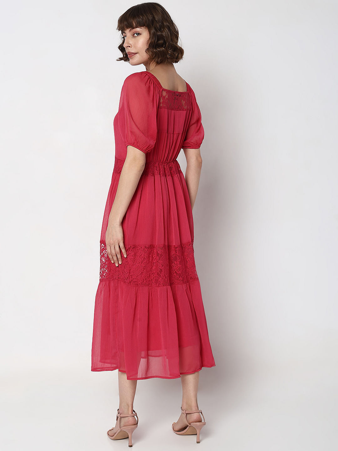 Pink Lace Insert Tiered Maxi Dress