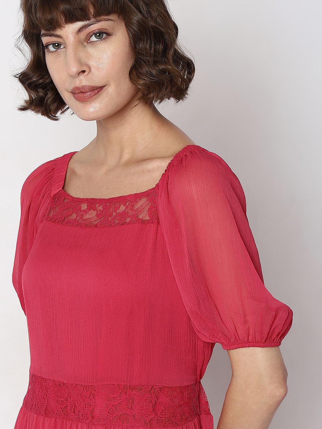 Pink Lace Insert Tiered Maxi Dress