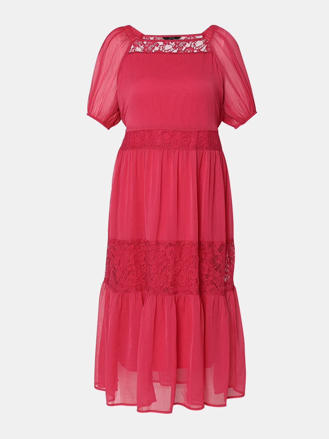 Pink Lace Insert Tiered Maxi Dress