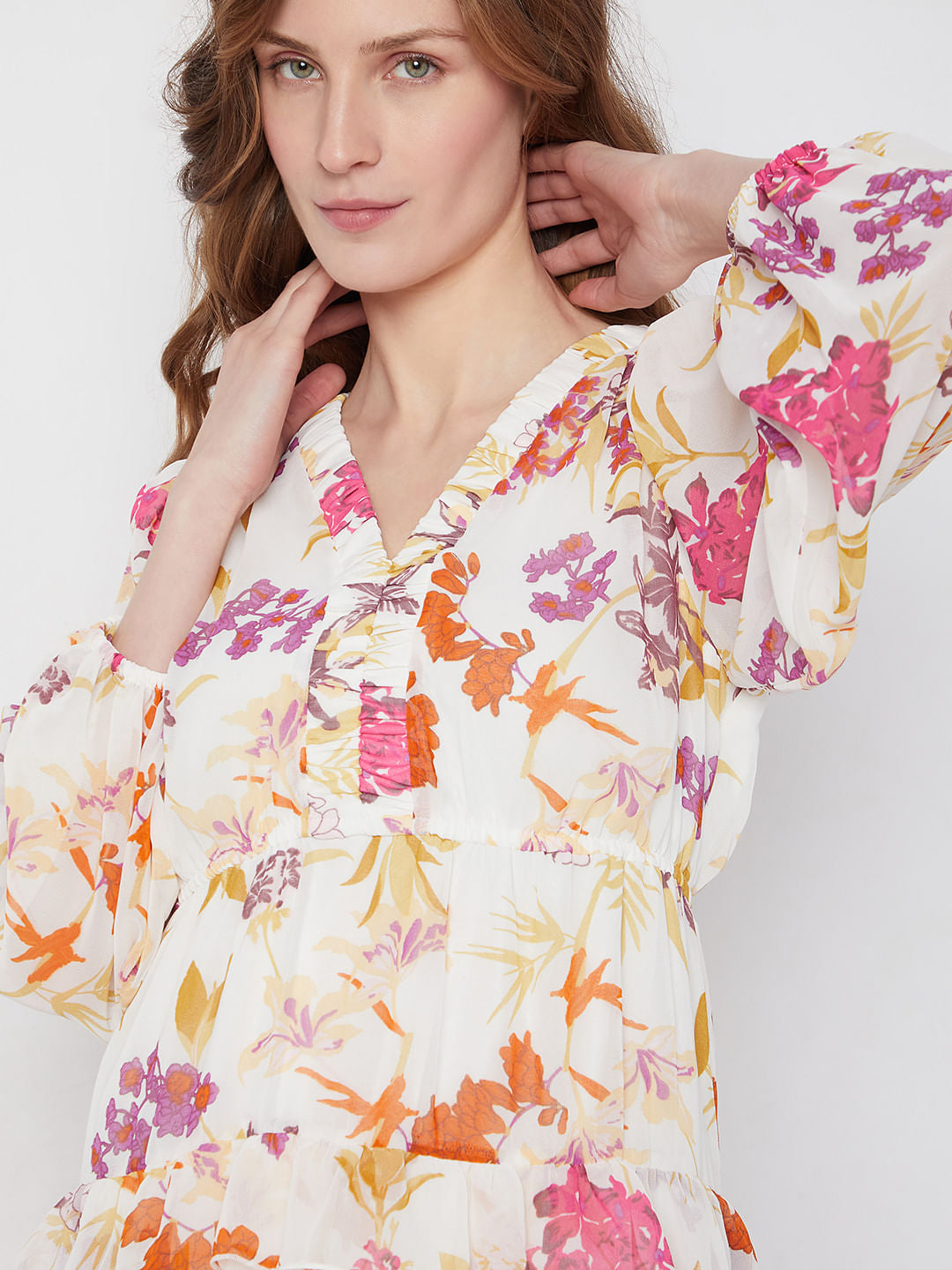 White & Pink Floral Midi Dress