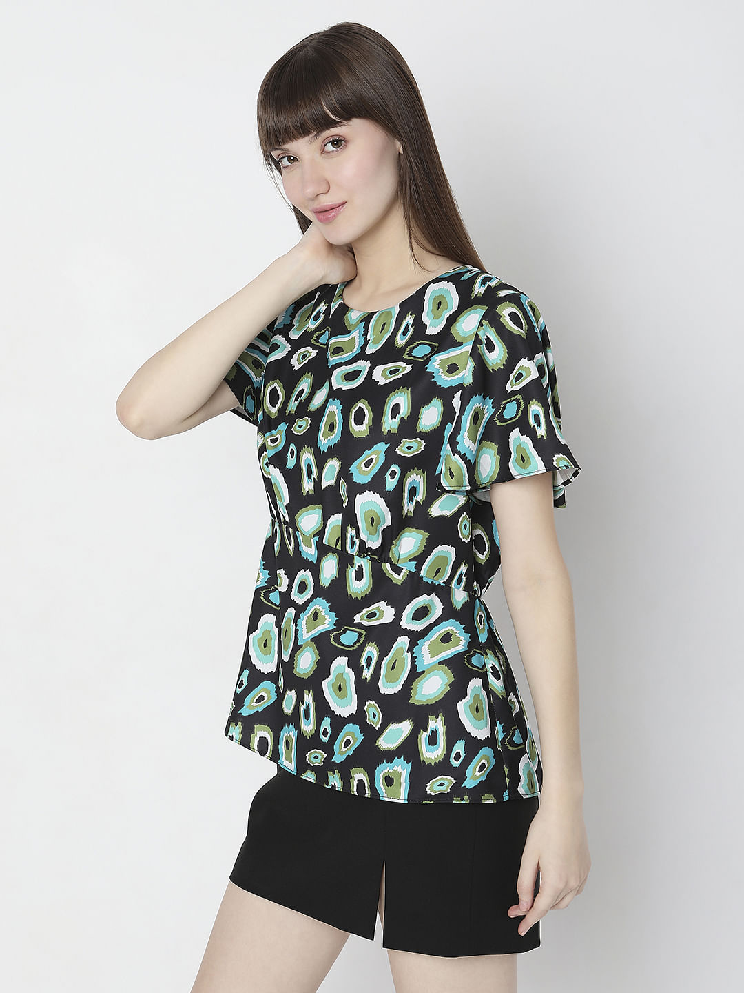 Black Abstract Print Peplum Top
