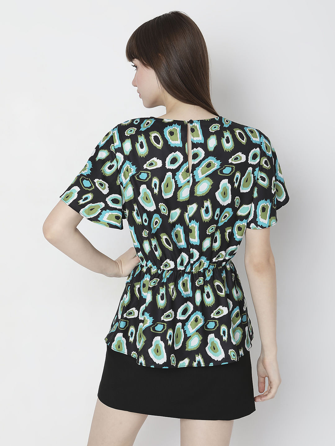 Black Abstract Print Peplum Top