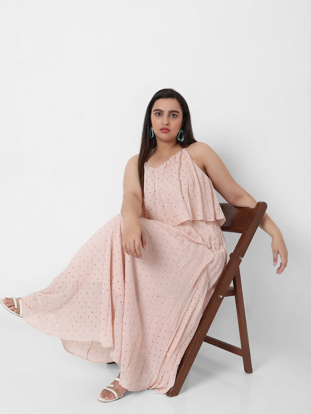 Curve Pink Pleated Foil Print Maxi Dress