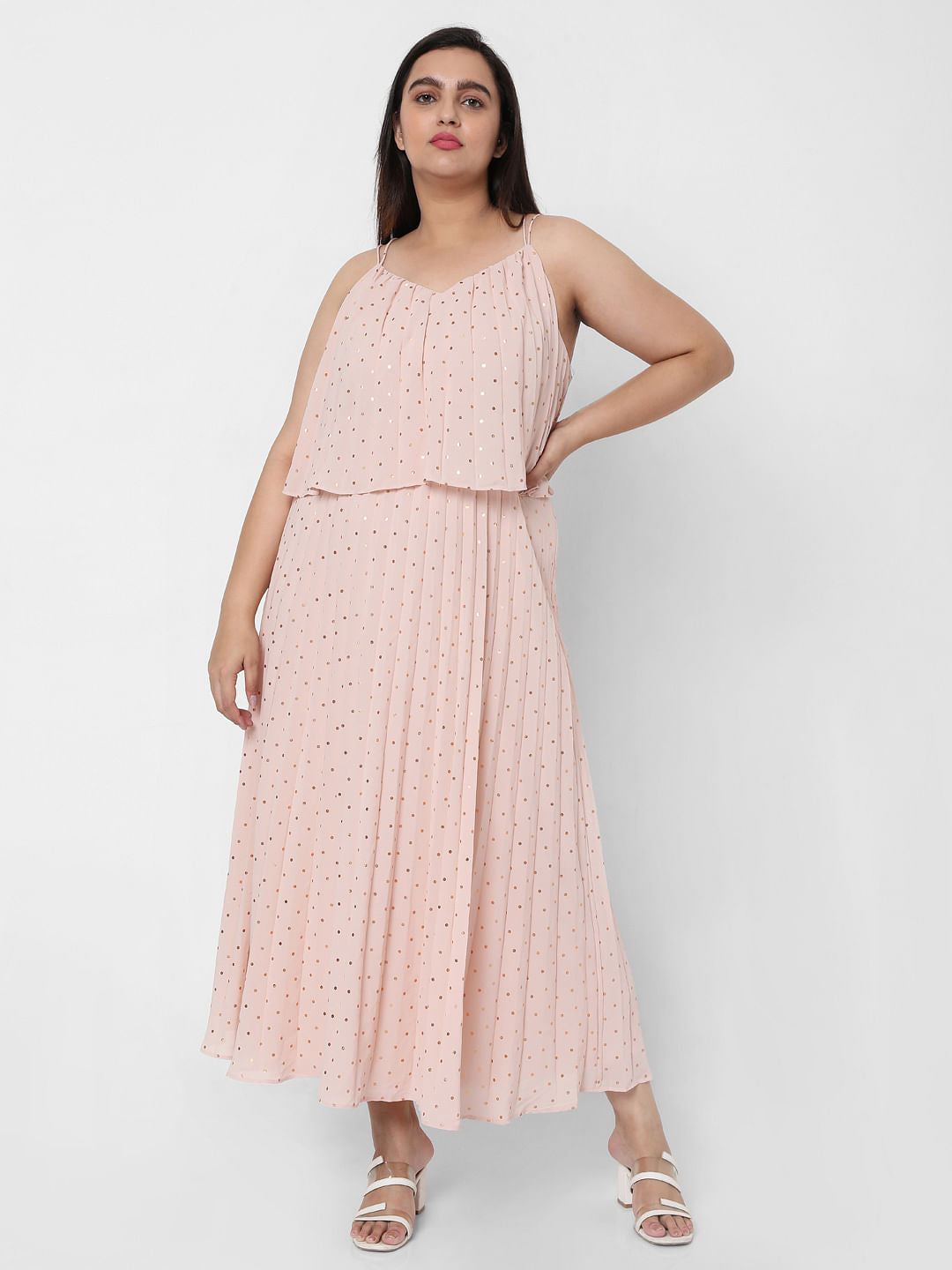 Curve Pink Pleated Foil Print Maxi Dress