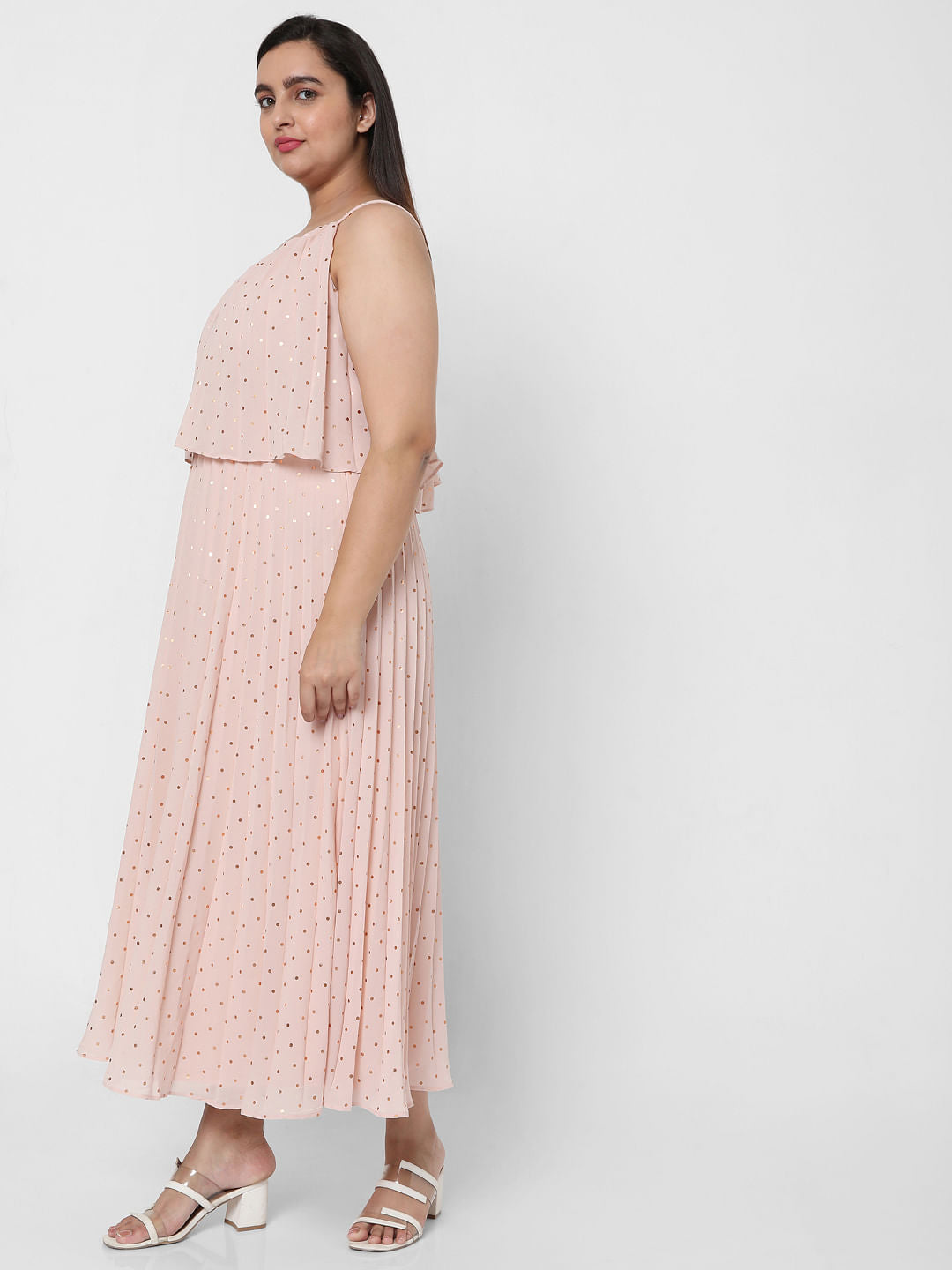 Curve Pink Pleated Foil Print Maxi Dress
