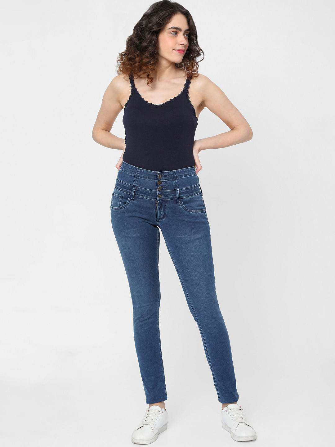 Blue High Rise Corset Waist Skinny Jeans