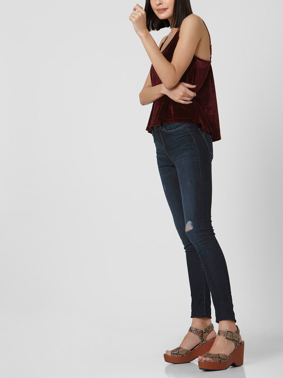 Dark Blue Mid Rise Ripped Skinny Jeans