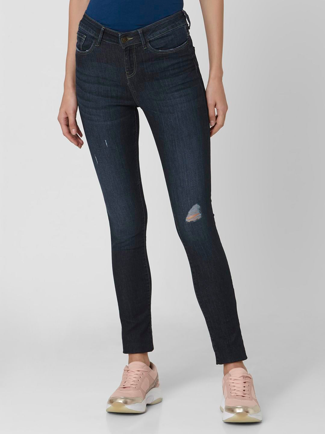 Dark Blue Mid Rise Ripped Skinny Jeans