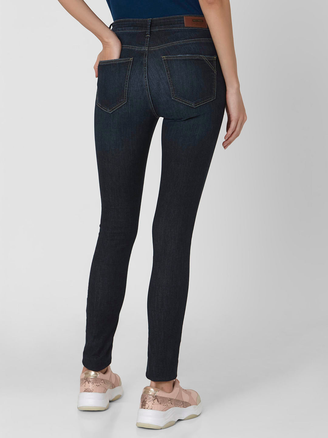 Dark Blue Mid Rise Ripped Skinny Jeans