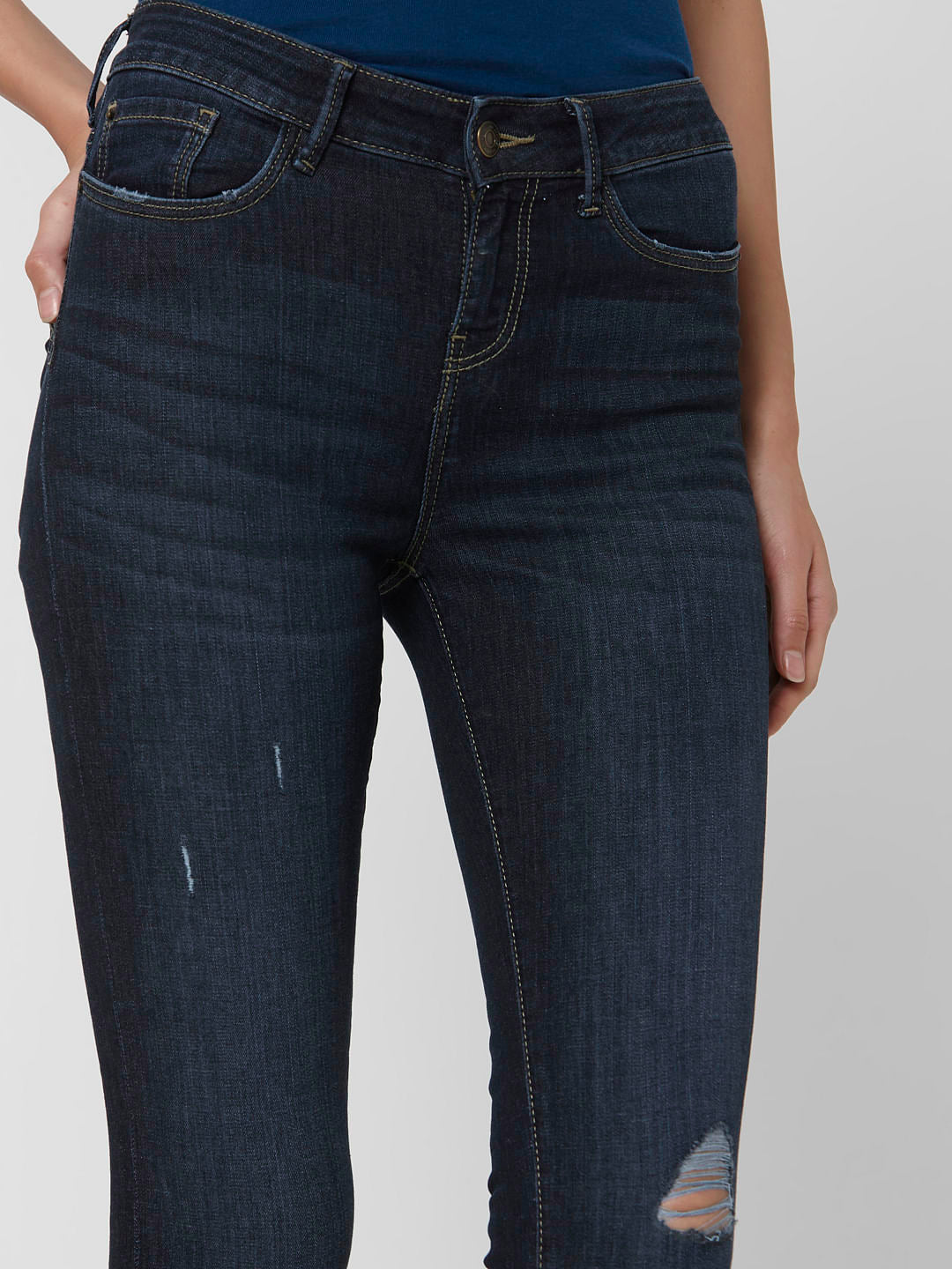 Dark Blue Mid Rise Ripped Skinny Jeans