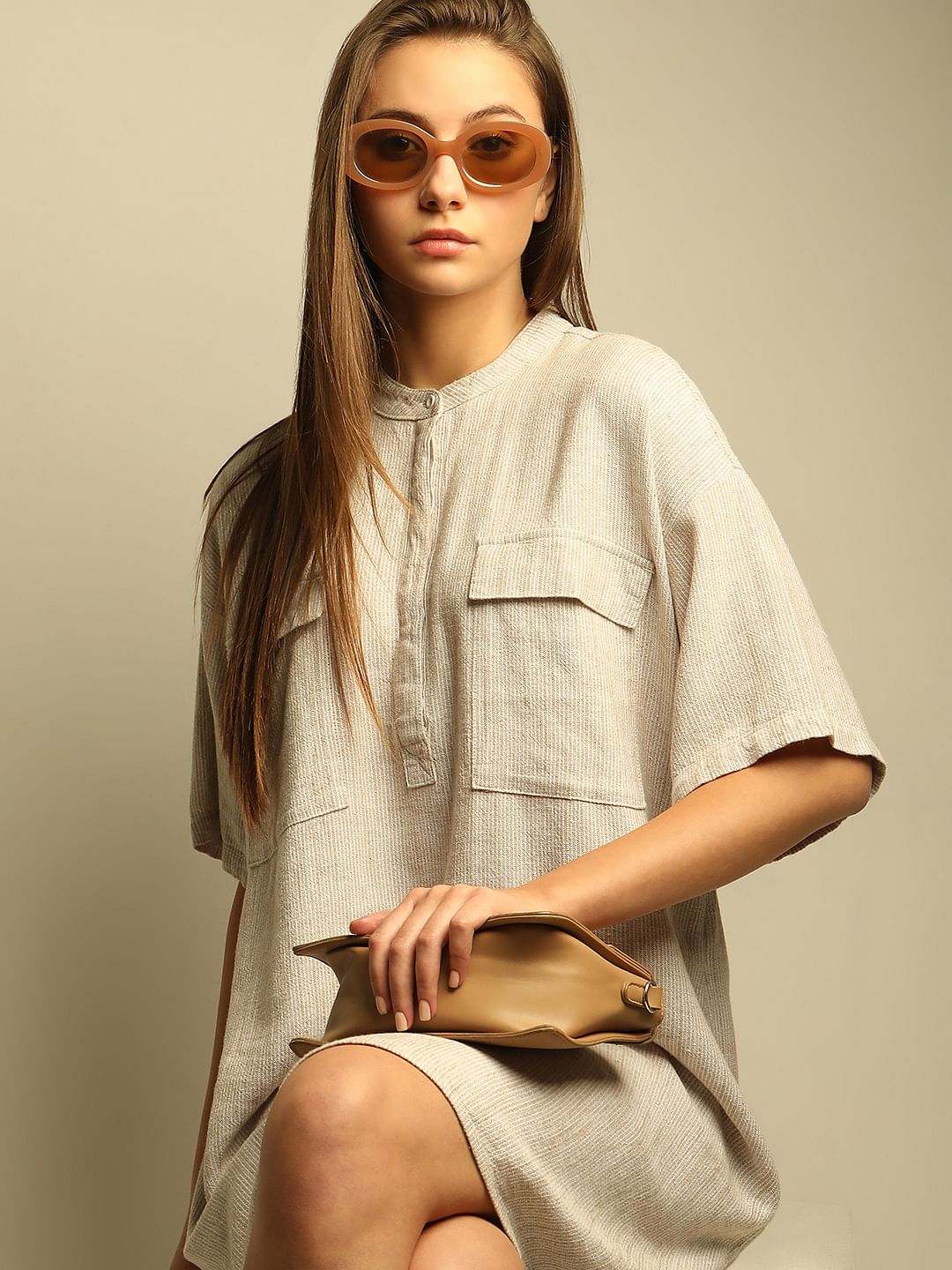 Light Brown Striped Tunic Dress