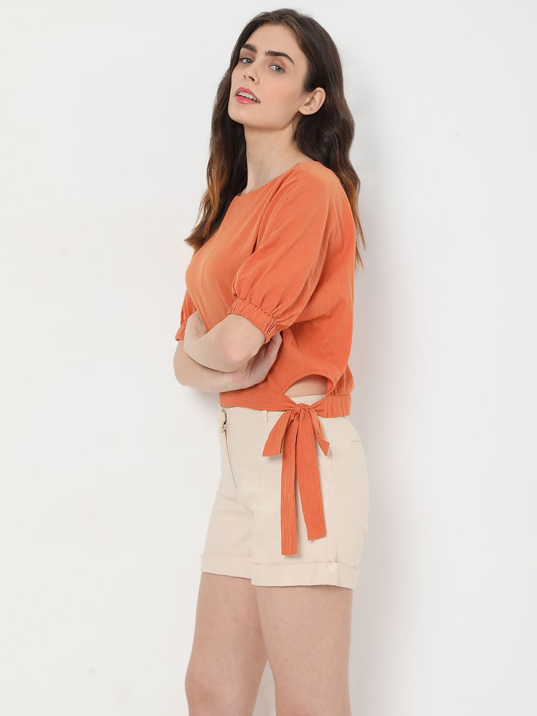 Orange Puff Sleeves Top