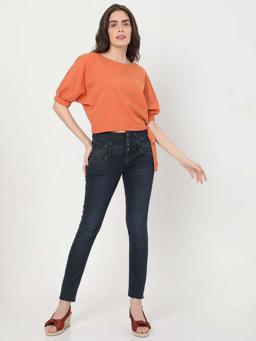 Orange Puff Sleeves Top