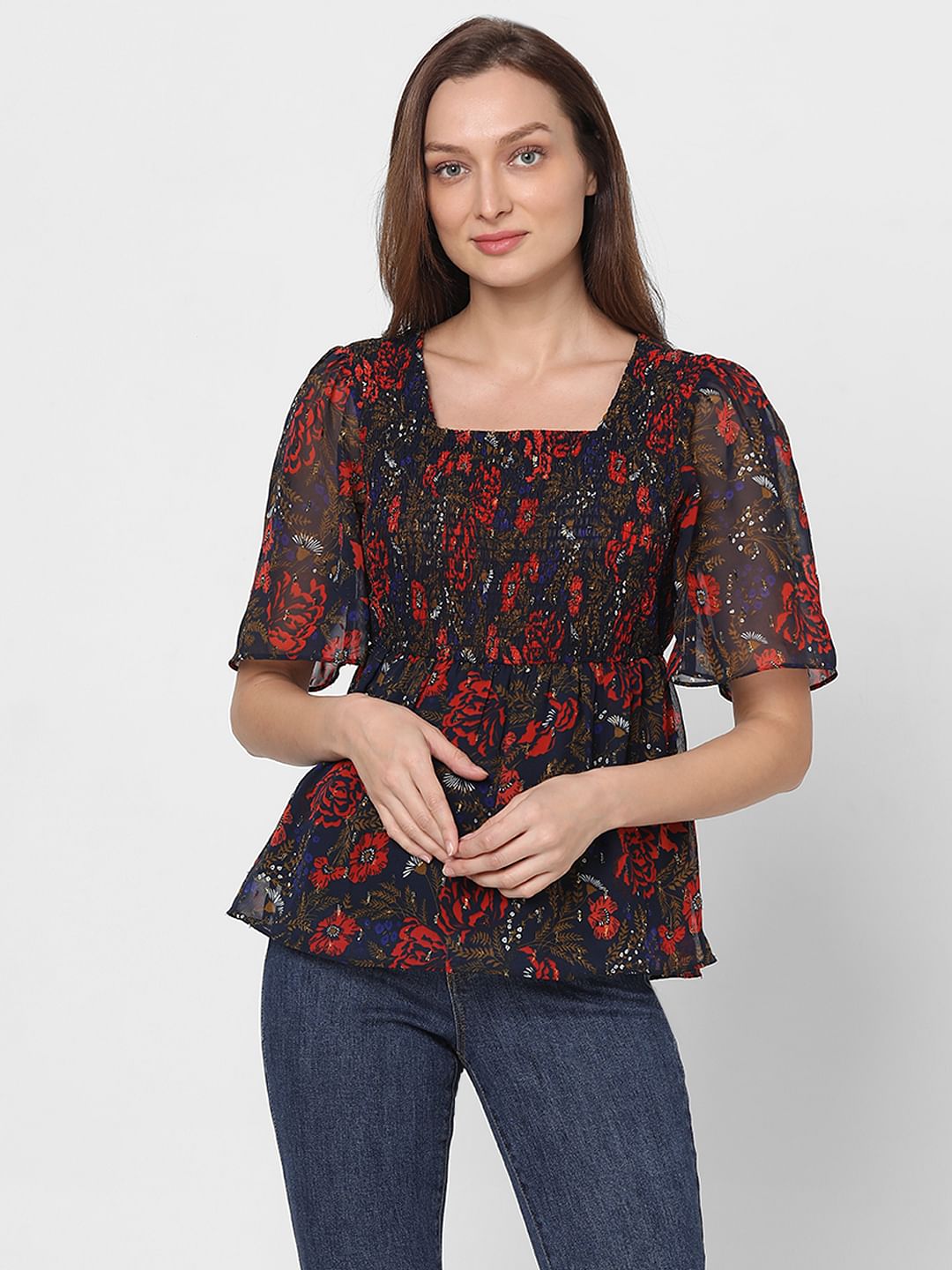 Navy Blue Rose Printed Top